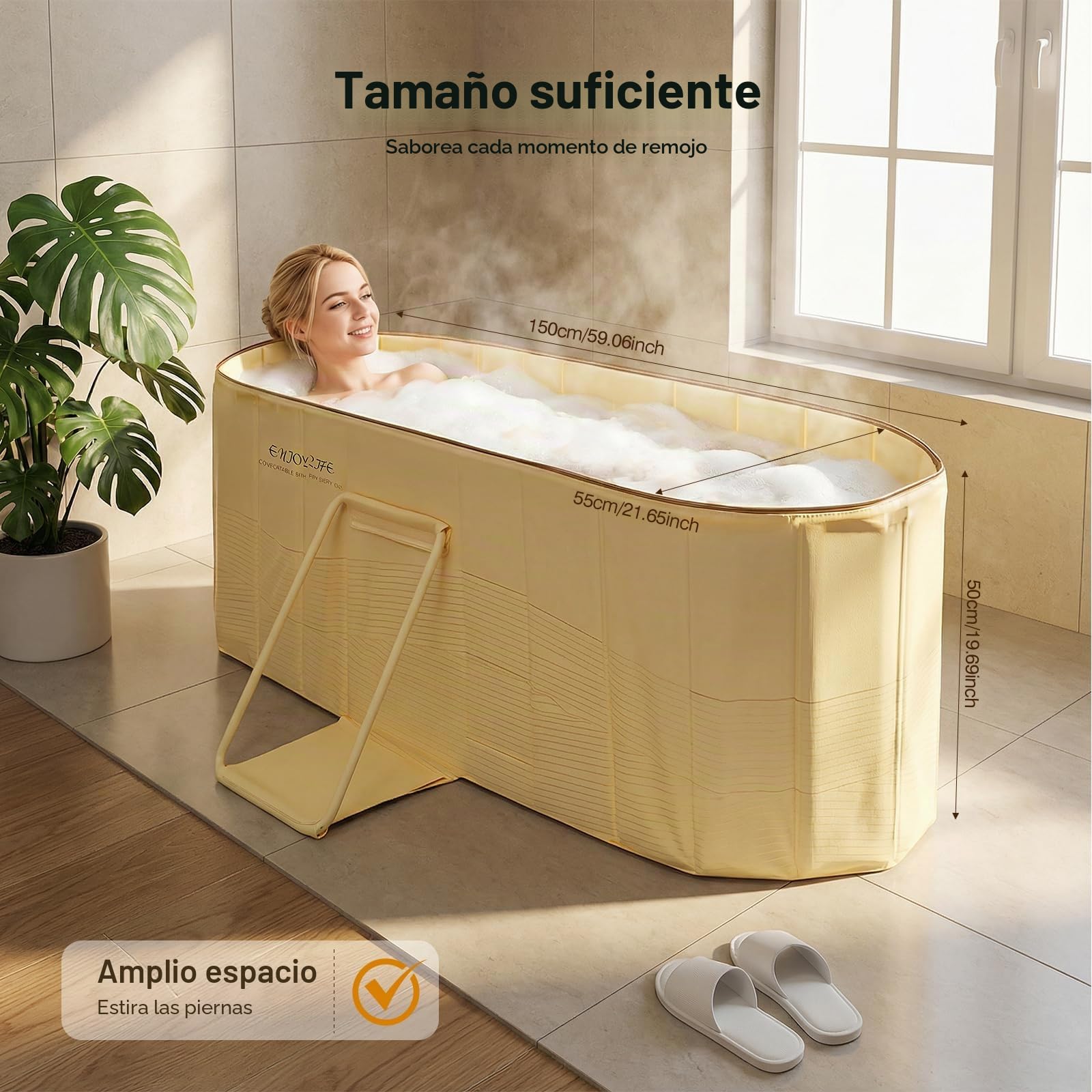 Bañera plegable para adultos – Bañera independiente portátil con tapa, 5 capas de calor, 2 agujeros de drenaje, para SPA en casa, al aire libre y para la familia – Extra grande 150x55x50cm