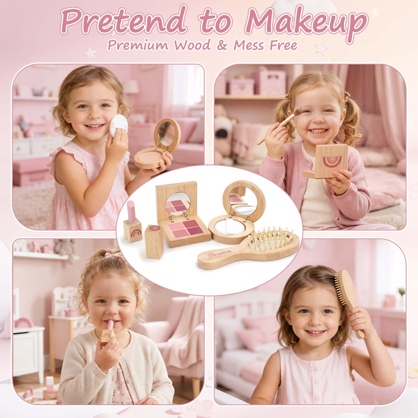 Dreamon Play Purse for Little Girls - 30PCS Toddler Purse with Wooden Pretend Makeup Kit, Handbag, Phone, Wallet, Keys - Princess Pretend Play Toys Birthday Gift for Girls Age 3 4 5 6 + Year Old - 4