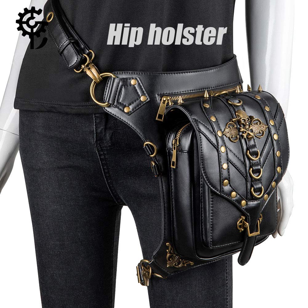 Steampunk Waist Bag Fanny Pack Fashion Gothic Leather Shoulder Crossbody Messenger Bags Thigh Leg Hip Holster Purse Travel Pouch Hiking Sport Chain Bags for Women Men