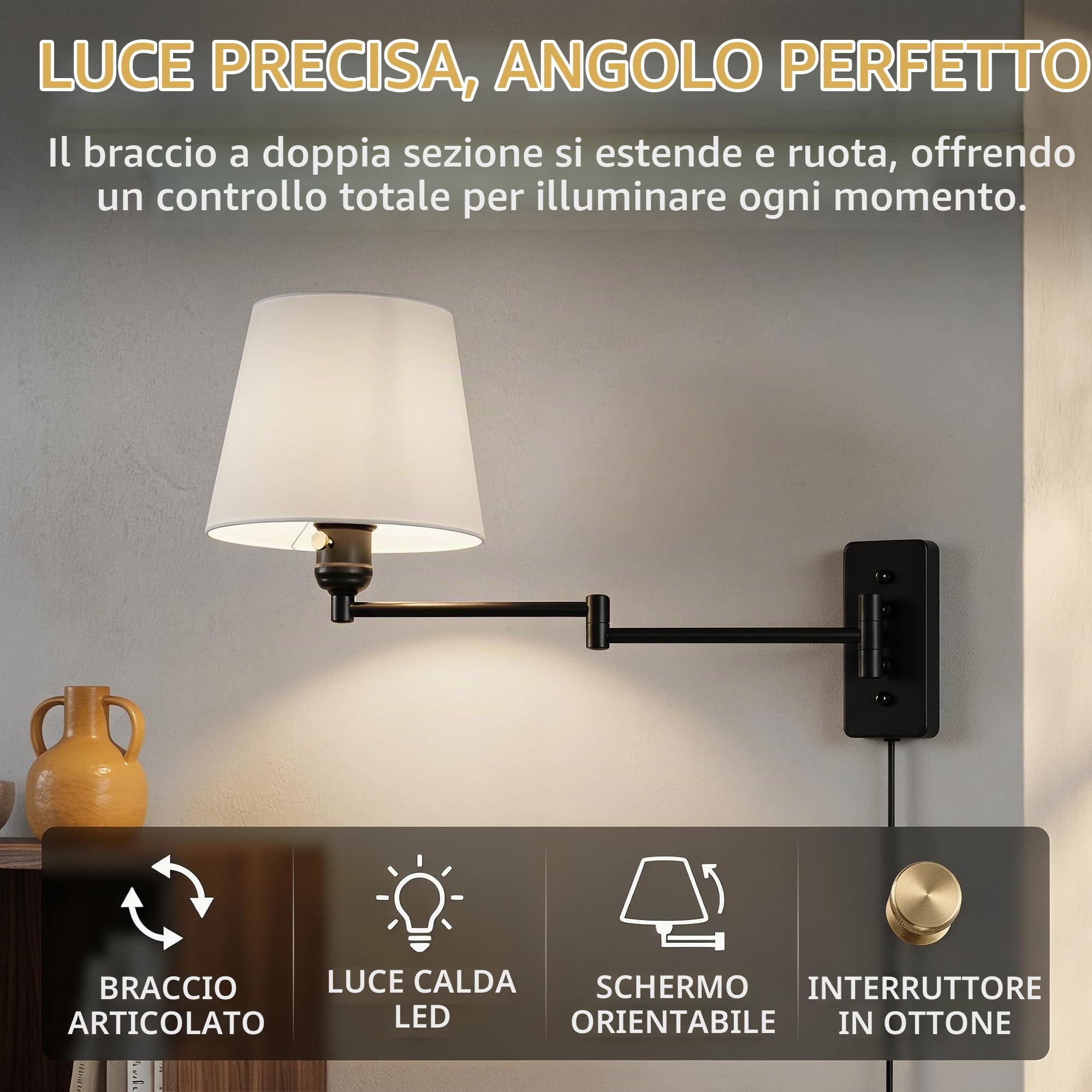 Lampada da parete "Clark" con braccio articolato e spina - E27
