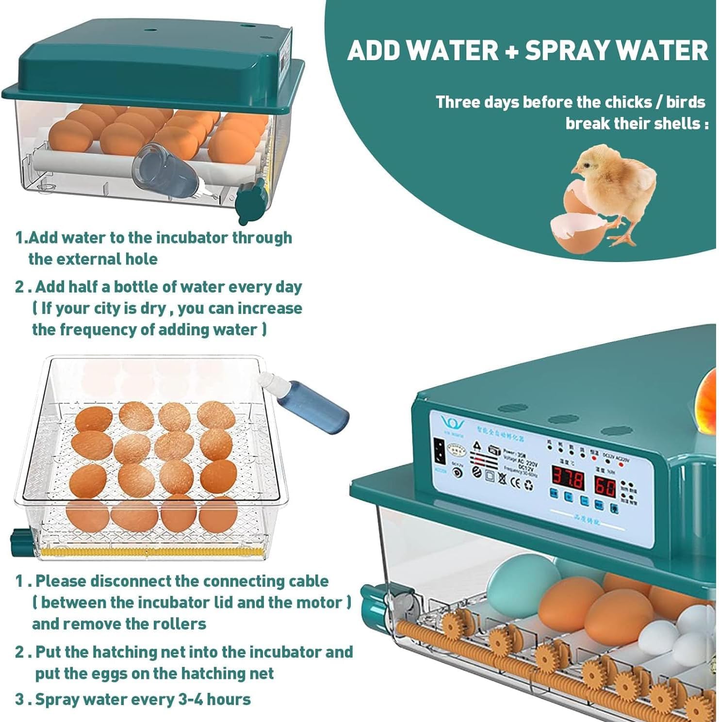Incubadora de huevos con giro automático, control de temperatura y humedad, reposición de agua, 5 modos de incubación, adecuada para huevos de codorniz, pato y gallina, capacidad para 120 huevos