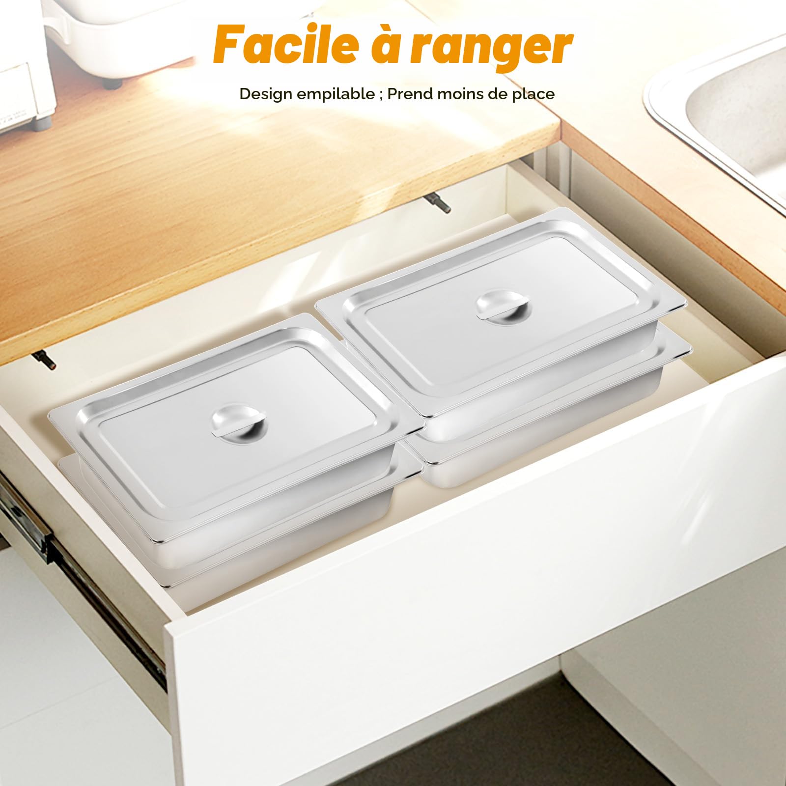 Lot de 4 bols à panure en acier inoxydable - Récipient alimentaire GN avec couvercle - Récipient rectangulaire pour restauration - Pour buffet