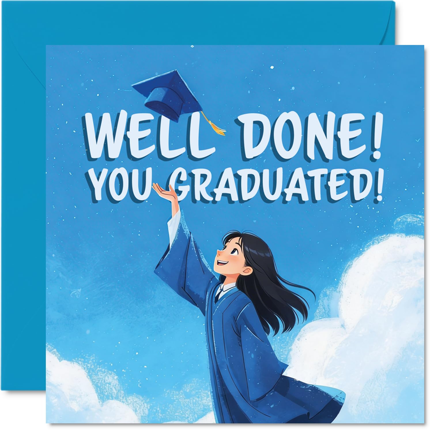 Proud Graduation Card - Big Cheers on Smashing Your Graduation - Joyful Girl in Cap and Gown Celebrating - 145mm Square, Envelope Included