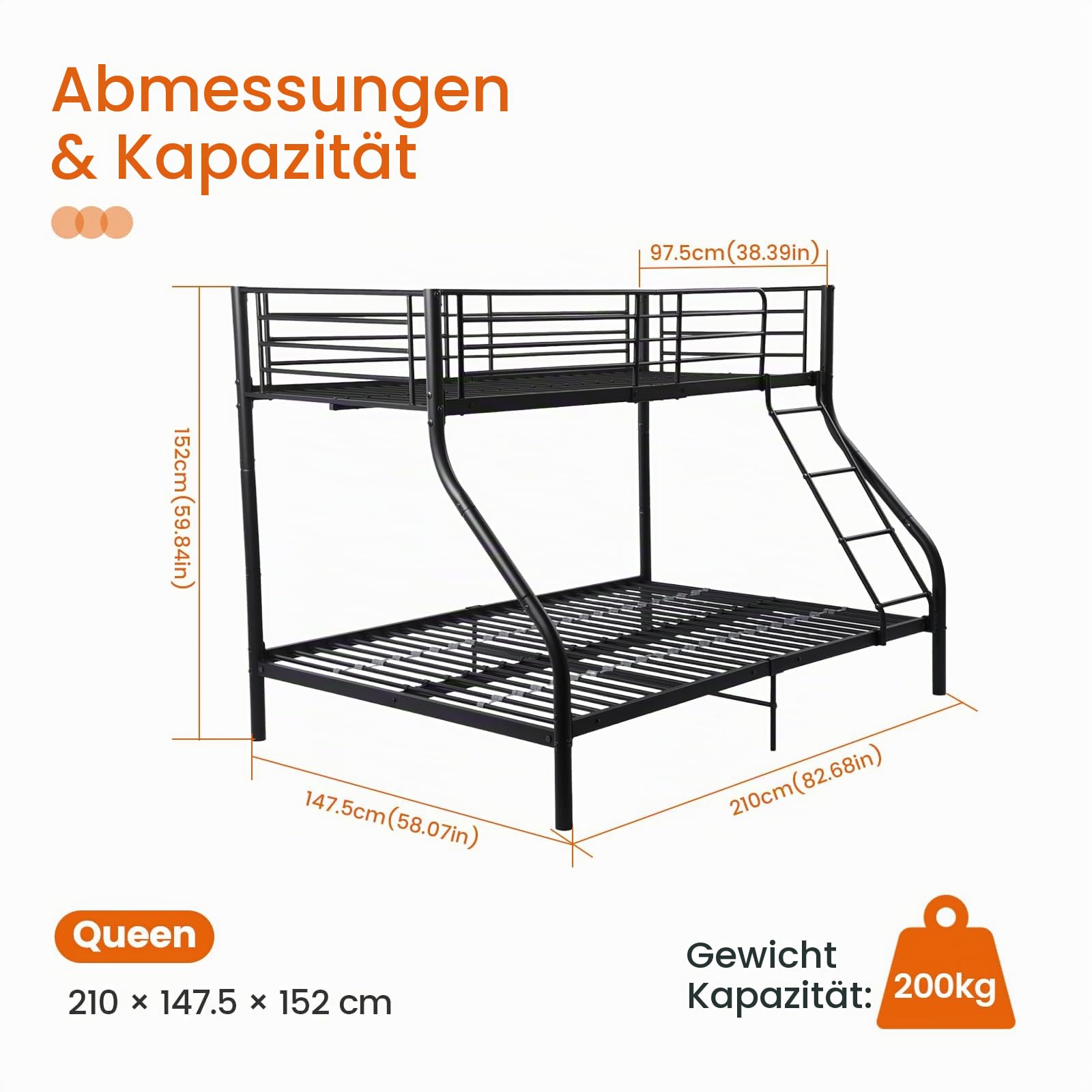 EGGREE Etagenbett Kinderbett 90x200 cm & 140x200 cm aus Metall, Schwarz | Metallbett mit Lattenrost, Leiter und Rausfallschutz, ideal für Kinderzimmer, Jugendzimmer und Gästezimmer