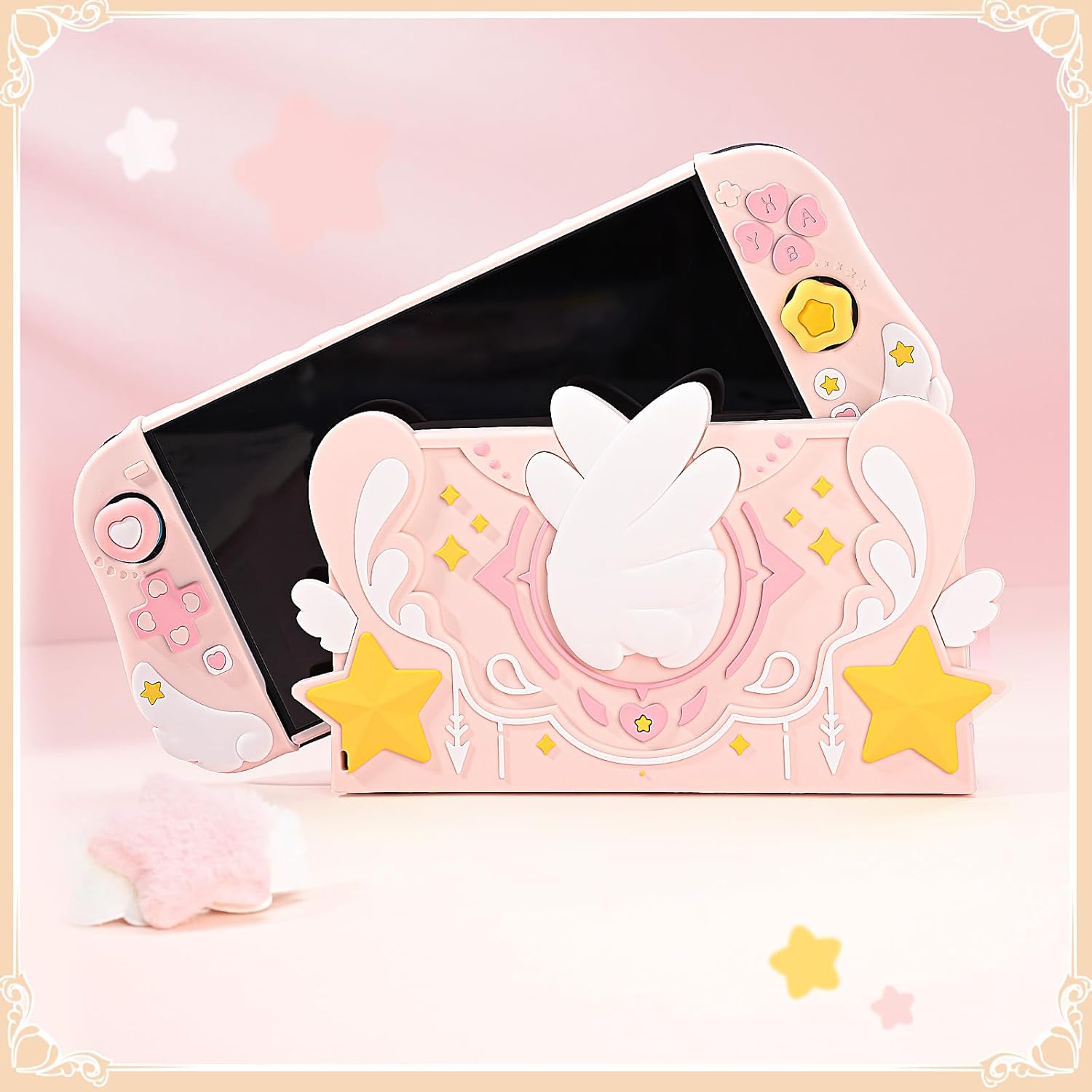 GeekShare Soft Silicone Faceplate Cover Compatible with Nintendo Switch 2 Charging Dock , Star Wings Series Soft Faceplate Protector - Anti-Scratch Dock Cover with Precise Cutouts (Pink)