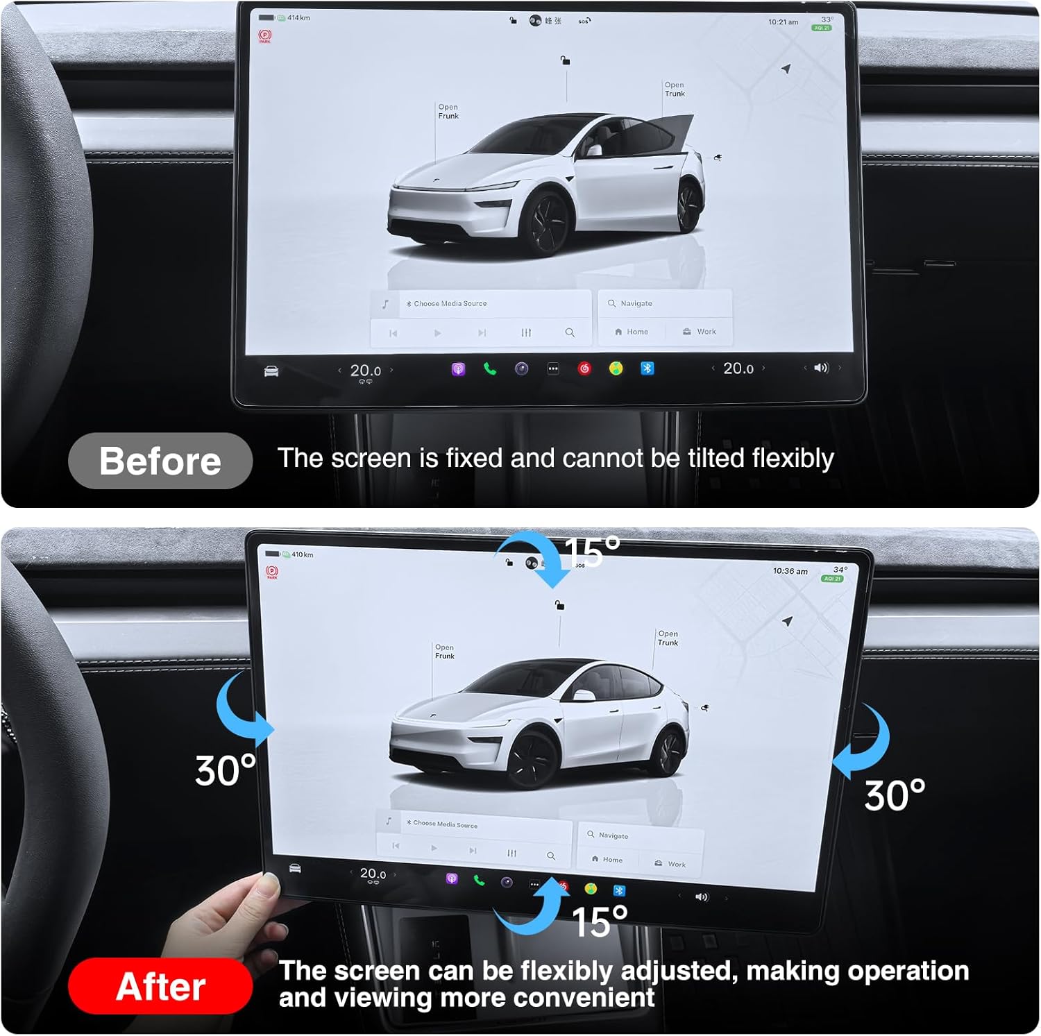 Screen Swivel Mount for Tesla Model Y Juniper(2025-2026) & Model 3 Highland(2024-2025) - Left/Right 30° Up/Down 15° Rotating Bracket, 4-Way Adjustable Screen Mount for Tesla Center Display