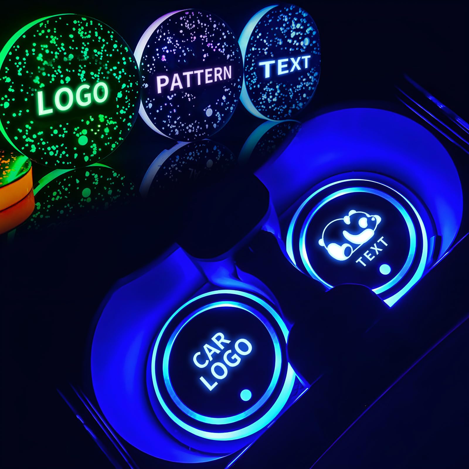 2 Pcs Custom Led Cup Holder Lights with Car Logo, Led Cup Holder Lights for Compatible All Car Models, Light Up Car Coasters Custom Patterns 7 Colors/3 Modes, Led Car Coasters USB Charging