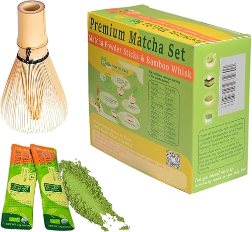 Mini juego de té matcha, polvo de matcha japonés orgánico ceremonial con 30 palitos de una sola porción y batidor de bambú hecho a mano