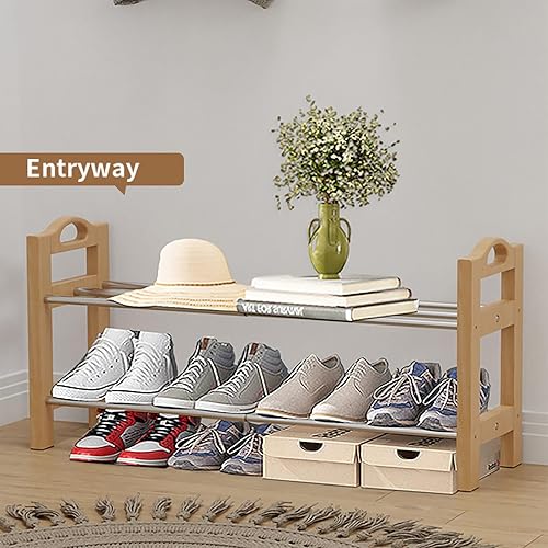 Miniatura 2 de Zapatero ajustable de madera de 18 a 33 pulgadas para entrada, 2 niveles de acero inoxidable expandibles, estantes organizadores, almacenamiento y