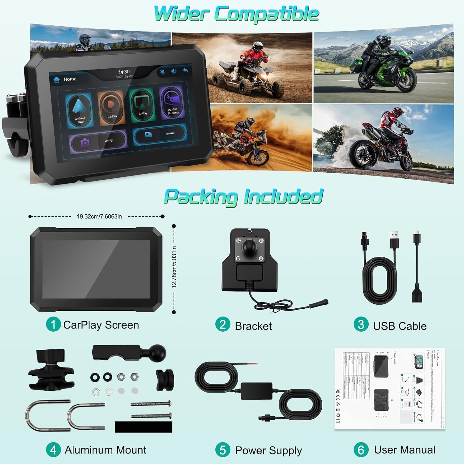 KAOLALI 7 Inch Motorcycle GPS Navigator, Universal IPX7 Waterproof Touch Screen GPS Portable Navigation System with CarPlay/Android Auto for Motorbike