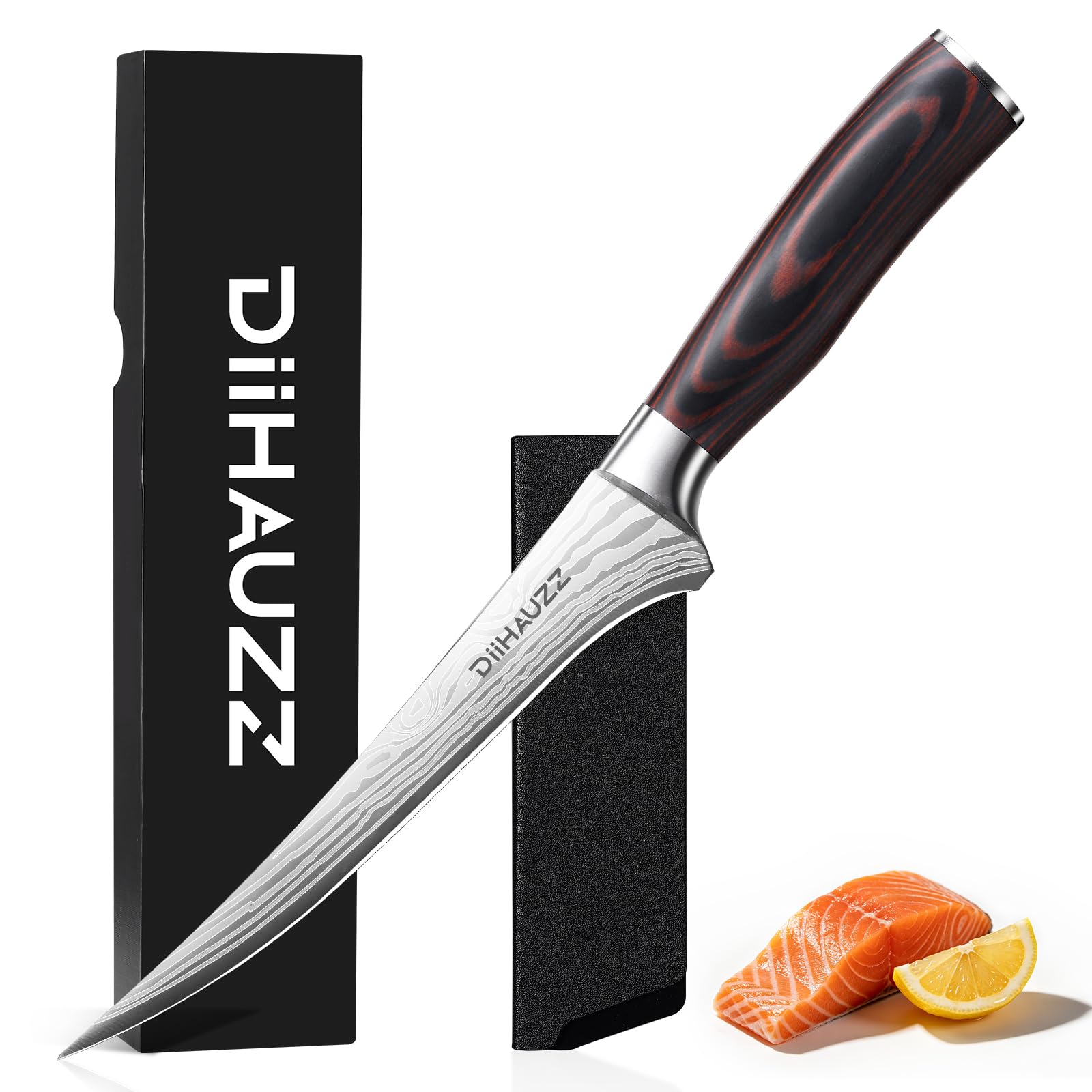 DiiHAUZZ 18 cm Filetiermesser, Profi Ausbeinmesser aus hochwertigem 5Cr15MoV Hochkohlenstoff-Edelstahl, Scharfes Fischmesser mit Ergonomischem Pakkaholzgriff, Fischfiletiermesser für Hobbyköche&Profis
