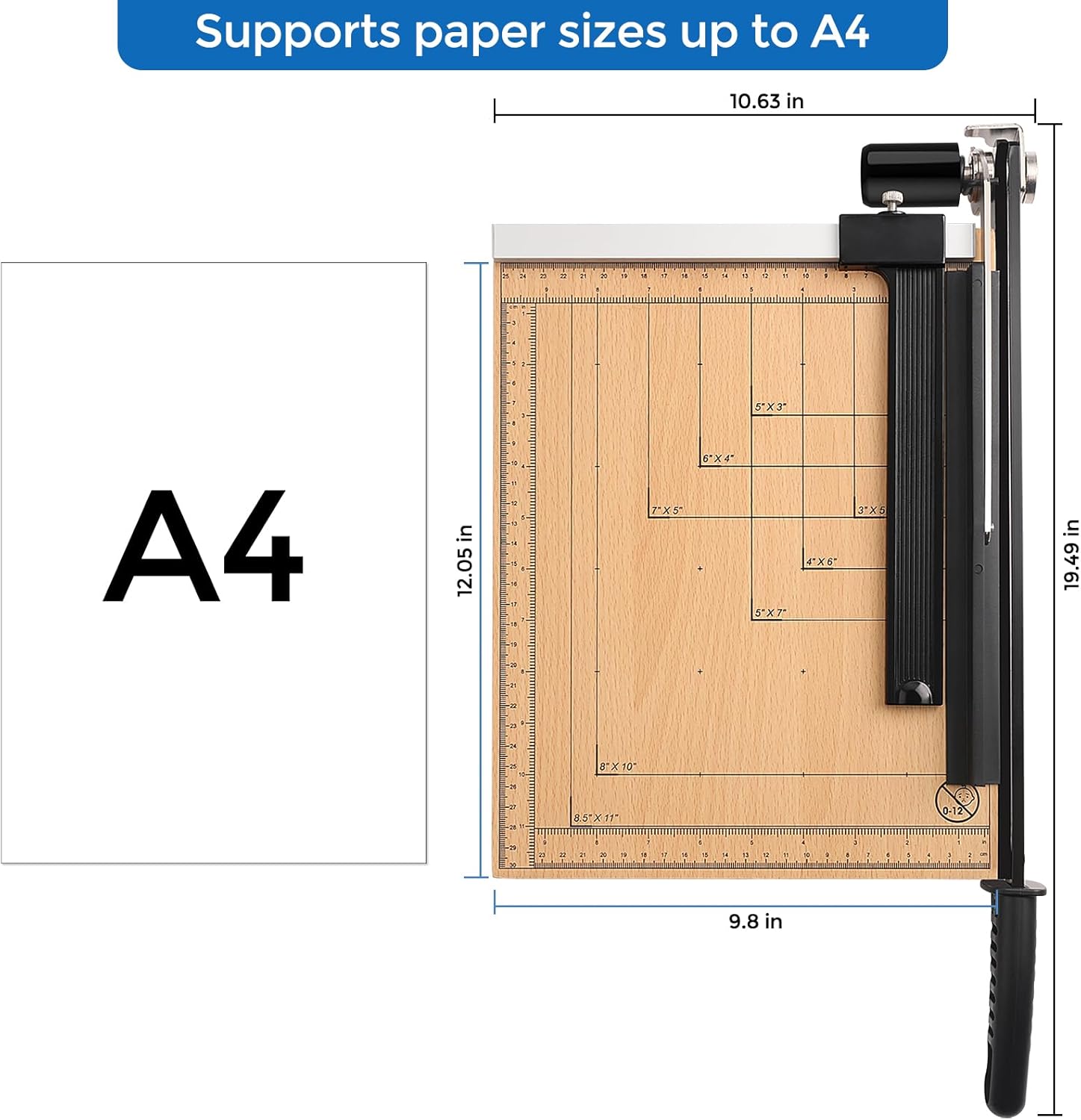 MROCO Heavy Duty Guillotine Paper Cutter & Paper Trimmer, 12" Cut Length, Automatic Clamp, Adjustable Guide, Wood Base with millimeters/inches Gridlines