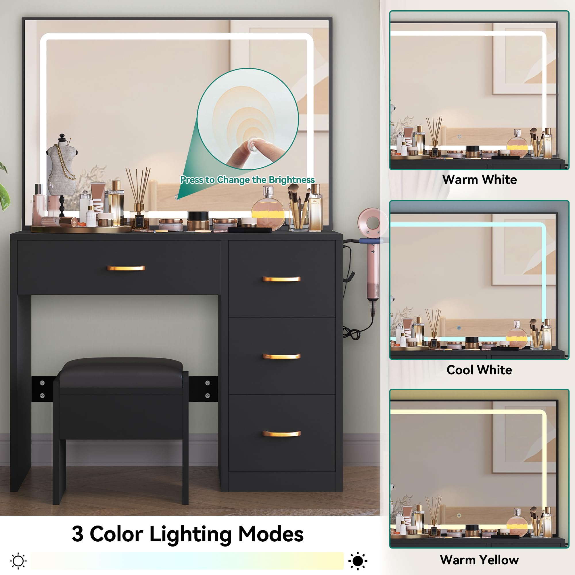YITAHOME Schminktisch mit Spiegel, Kosmetiktisch mit 4 Schubladen, Beleuchtung, Steckdose, Schwarz (Make Up Tisch, Frisiertisch, Kosmetiktisch, Vanity Table)