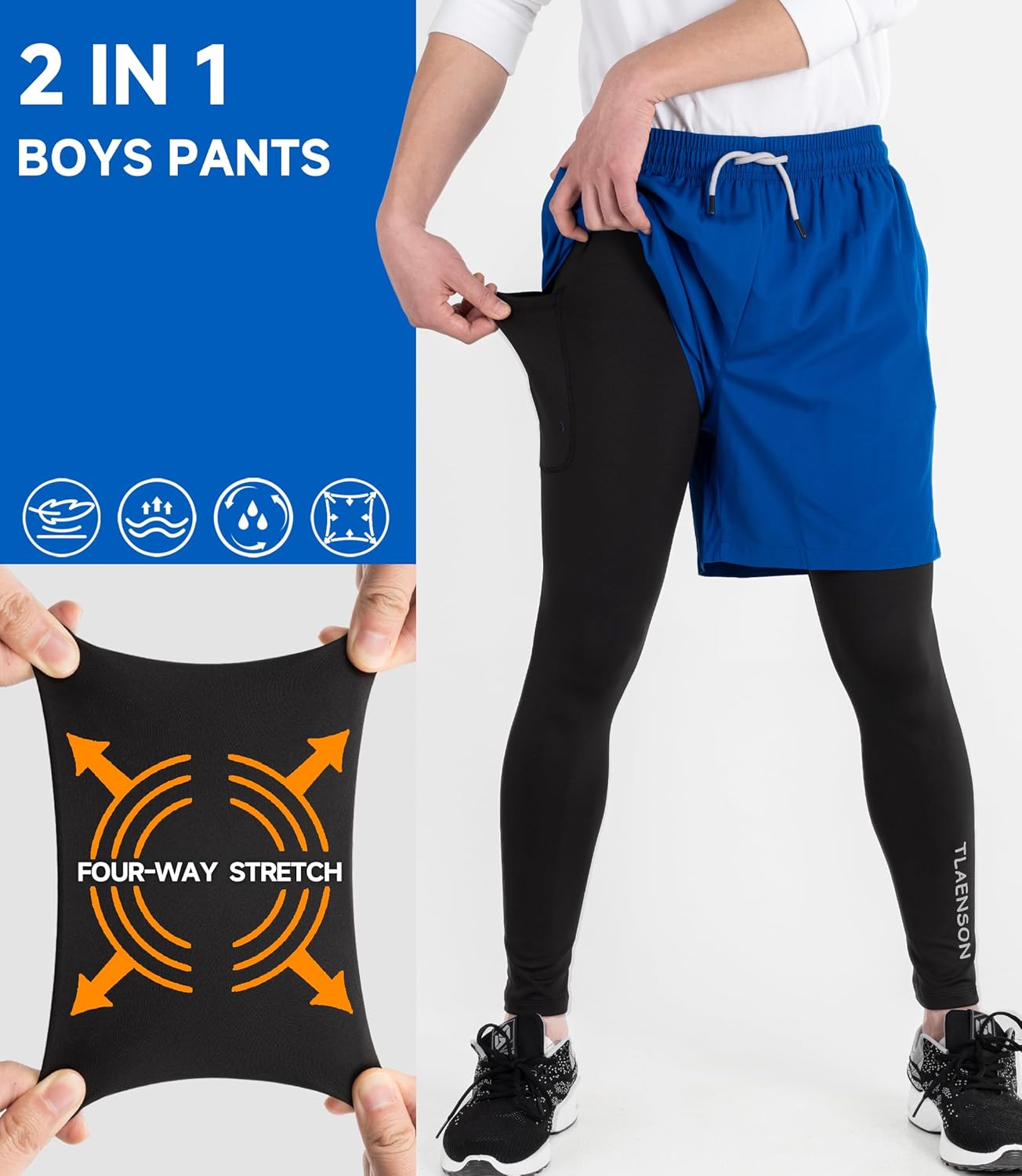 TLAENSON Boys Compression Pants Kids 2 in 1 Football Sports Leggings with Shorts with Zipper Pockets - Image 4