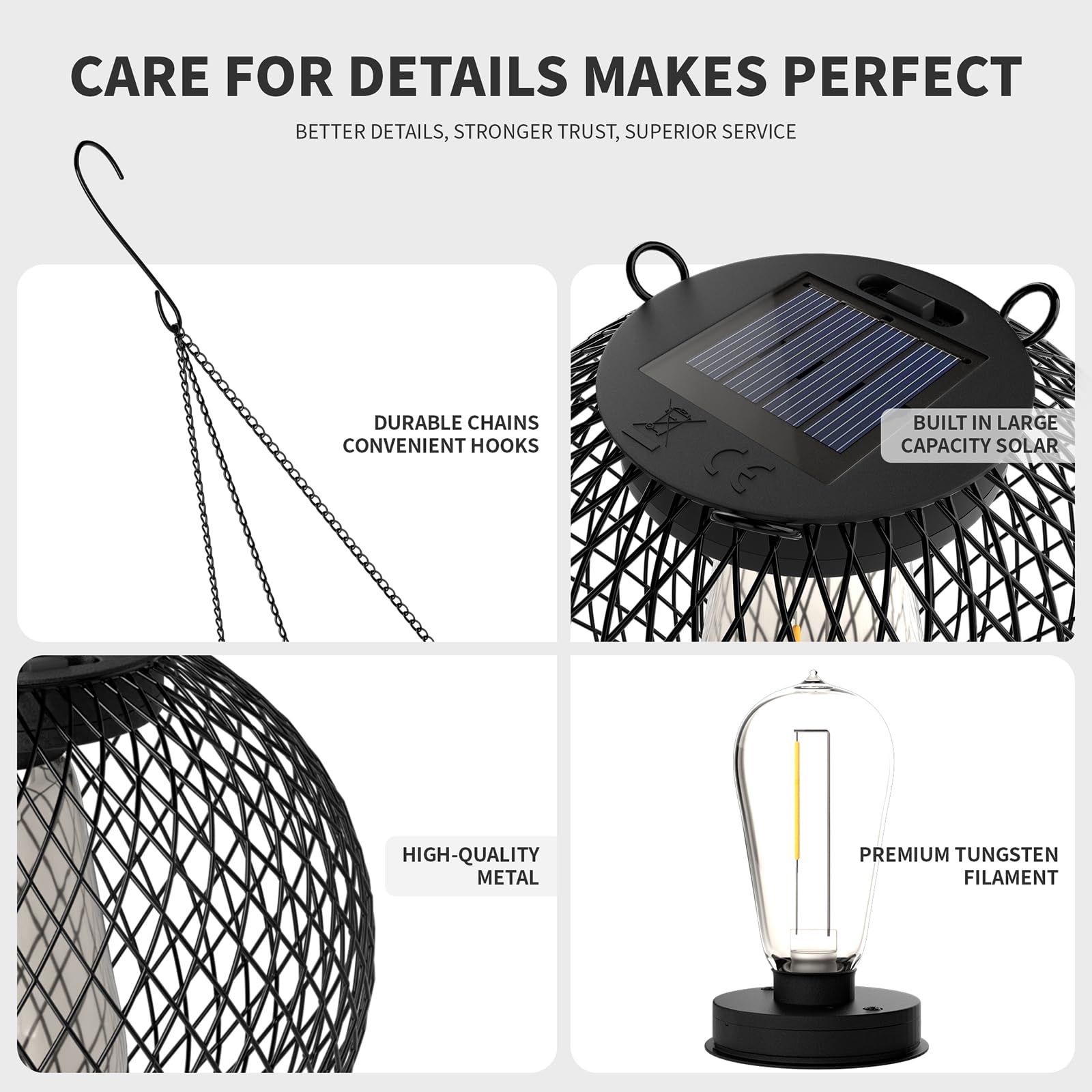 Modernas luces colgantes de malla solar, linternas esféricas colgantes de metal negro con bombillas Edison, montadas en cadena, interiores y exteriores (paquete de 2)