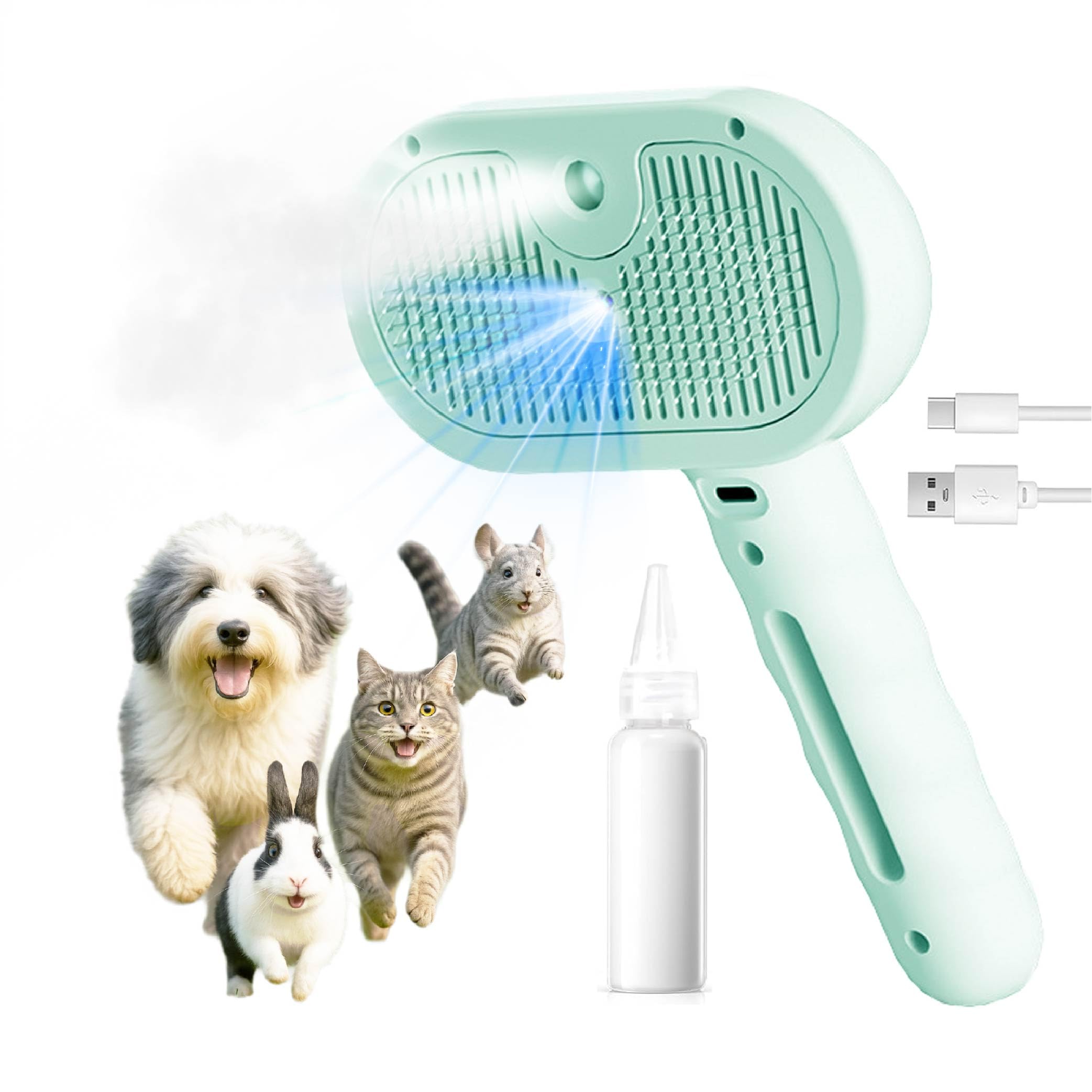 BelleBête & Co. Cepillo de vapor para mascotas para perros y gatos, herramienta de aseo y desprendimiento de pelo de mascotas con un solo clic, fácil de limpiar, carga USB, acondicionamiento sin