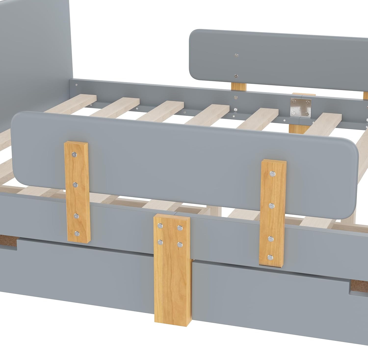 Full Platform Bed with Storage Drawers and Both Sides Guardrails for Kids, Low Profile Modern Full Bed Frame with Guardrail, Small Shelf and Hooks, Gray