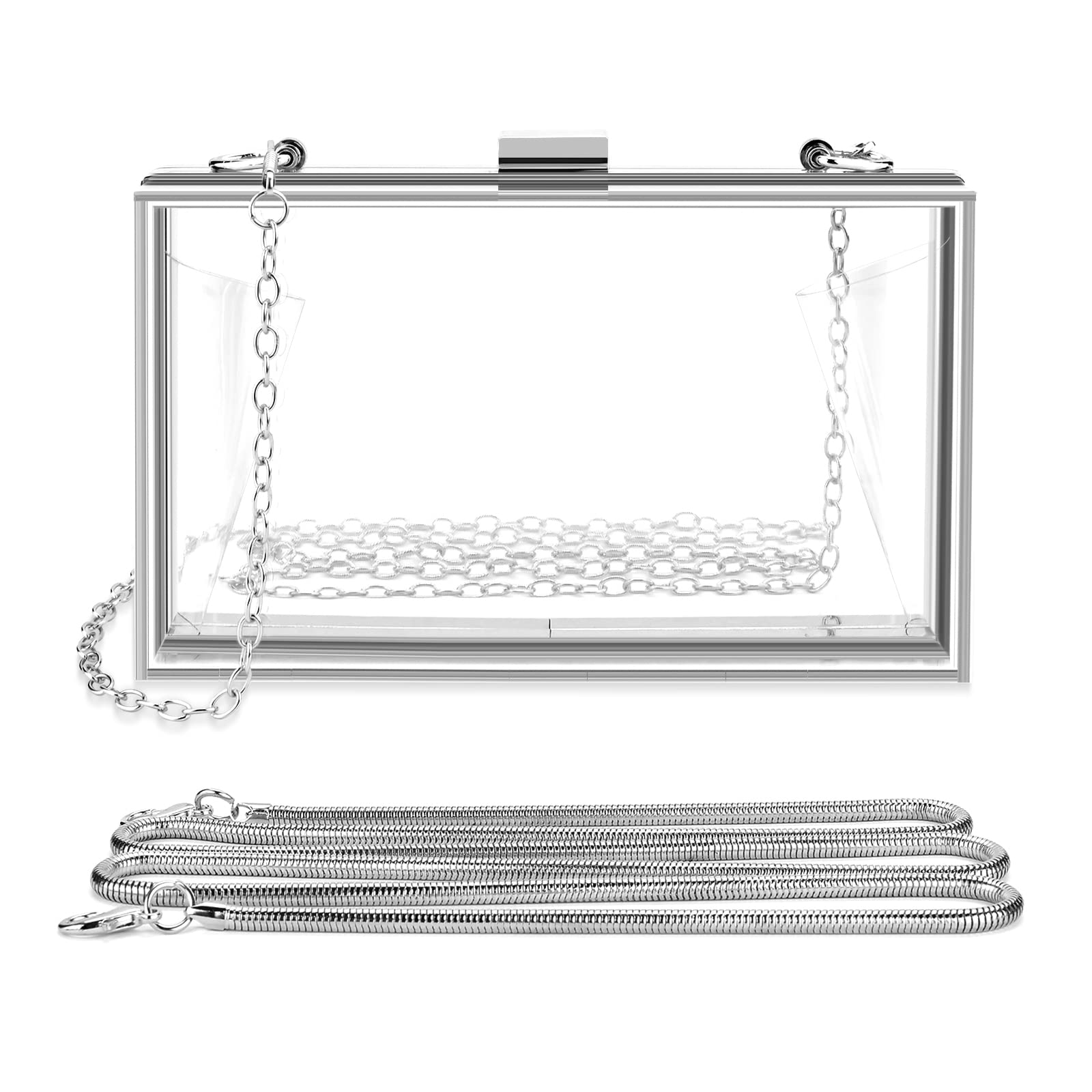 Women's Clear Purse, Acrylic Clear Clutch Bag, Stadium Approved Crossbody Shoulder Evening Handbag with 2 Detachable Chains
