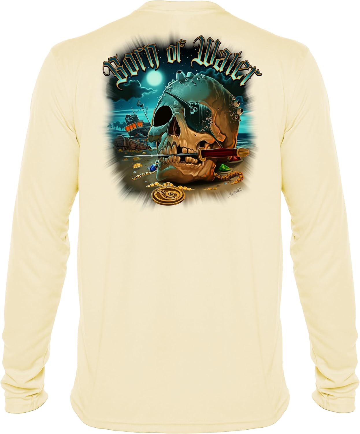 Born of Water Pirate Skull T-Shirt: Mens UV Protection - Long Sleeve