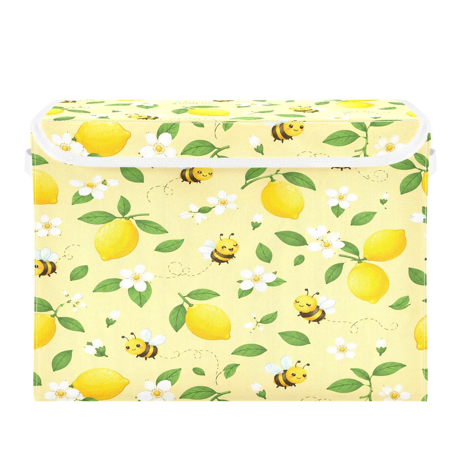 Ewusp Lemon Fabric Storage Bin with Lid, Decorative Foldable Storage Basket with Handles, Stackable Closet Shelf Organiser Box for Clothes, Books, Bedroom, Living Room