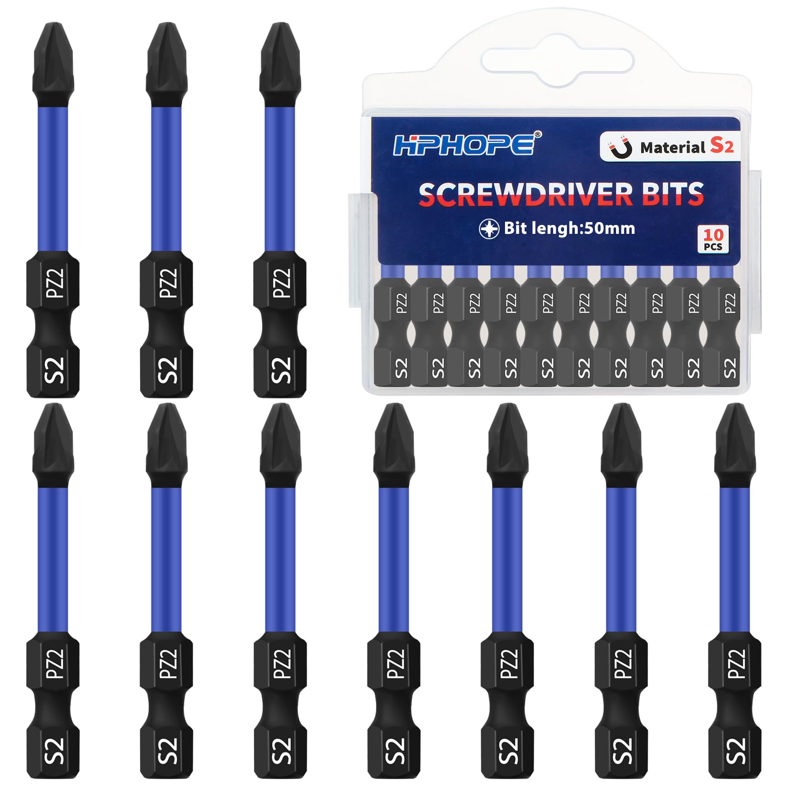 HPHOPE PZ2 Screwdriver Bit Set 10Pcs, Pozi Bits PZ2, 1/4" Hexagon Bit, Length: 50mm