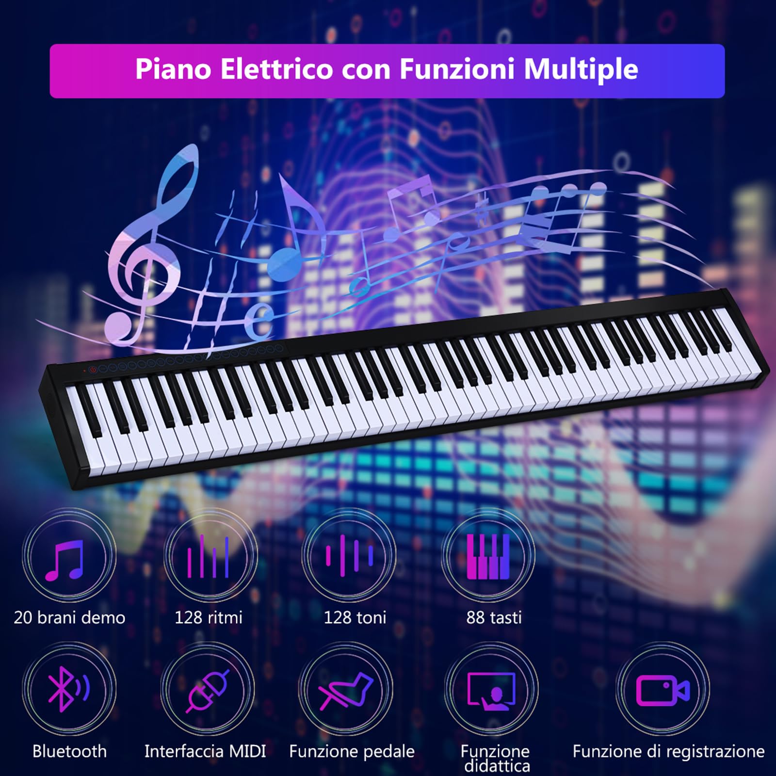 COSTWAY Tastiera Musicale 88 Tasti, Pianoforte Digitale Portatile con Custodia, Pianola con 128 Ritmi e Toni, Pedale Sustain, MIDI, USB e Funzione di APP Bluetooth (Nero)