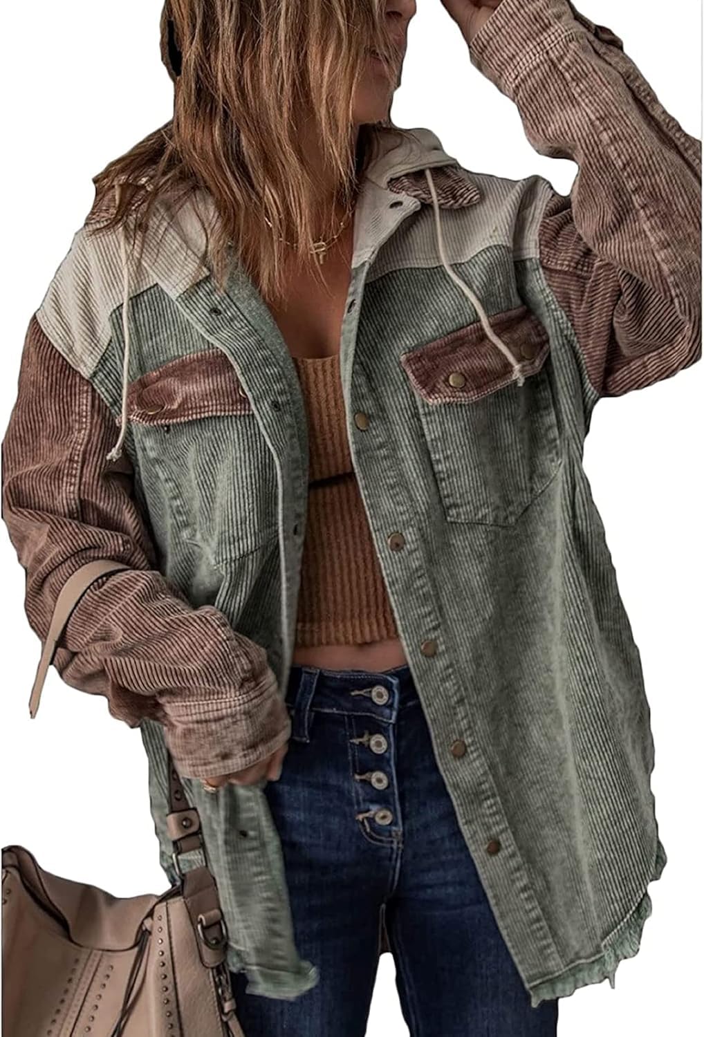 NLAVW Damen Cord Jacke, Brauner Cord Mantel, Langarm Mantel Herbst und Winter Oberbekleidung