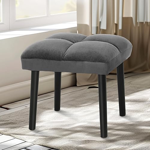 HOUCHICS Taburete otomano gris, taburete cuadrado de maquillaje con patas de madera, taburete otomano pequeño para tocador, asiento acolchado