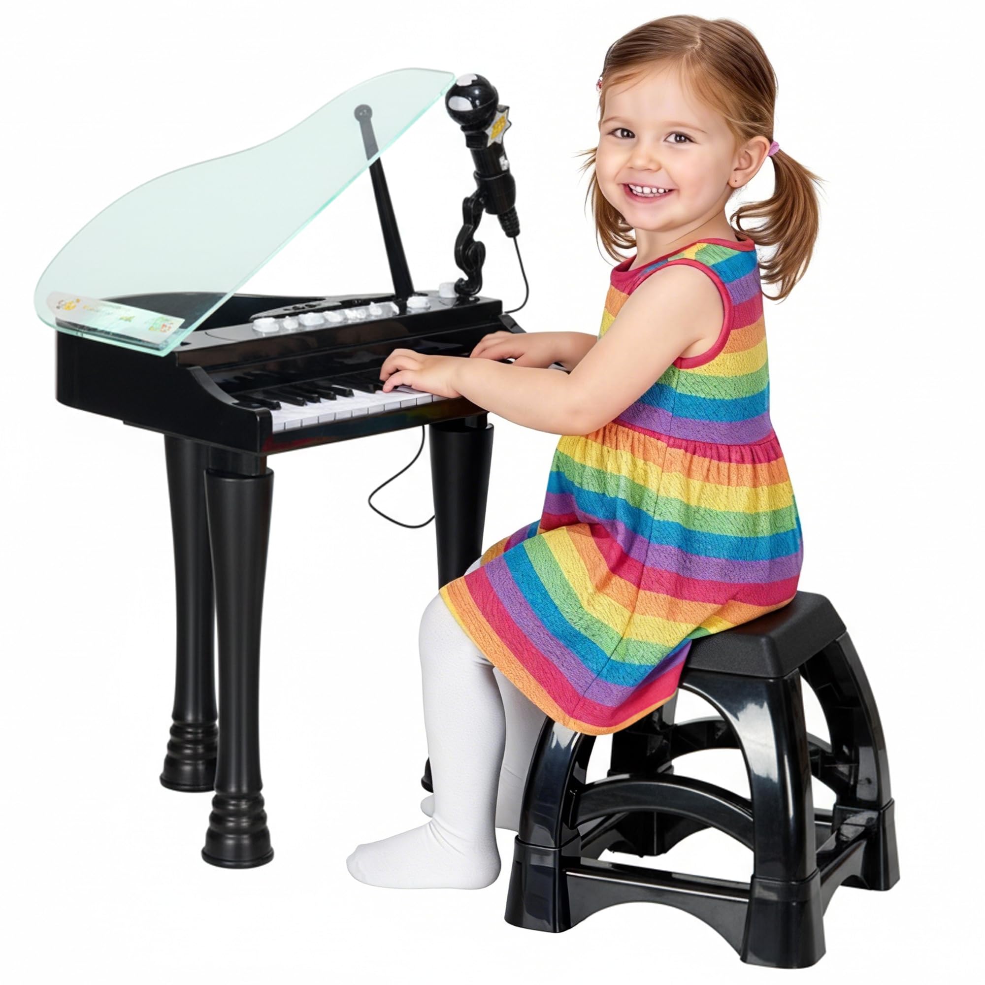AIYAPLAY Piano Electrónico Infantil de 32 Teclas Juego de Piano con Micrófono Taburete Luces 22 Canciones 4 Sonidos Patas Desmontables y Volumen Ajustable 37x30,5x60,4 cm Negro