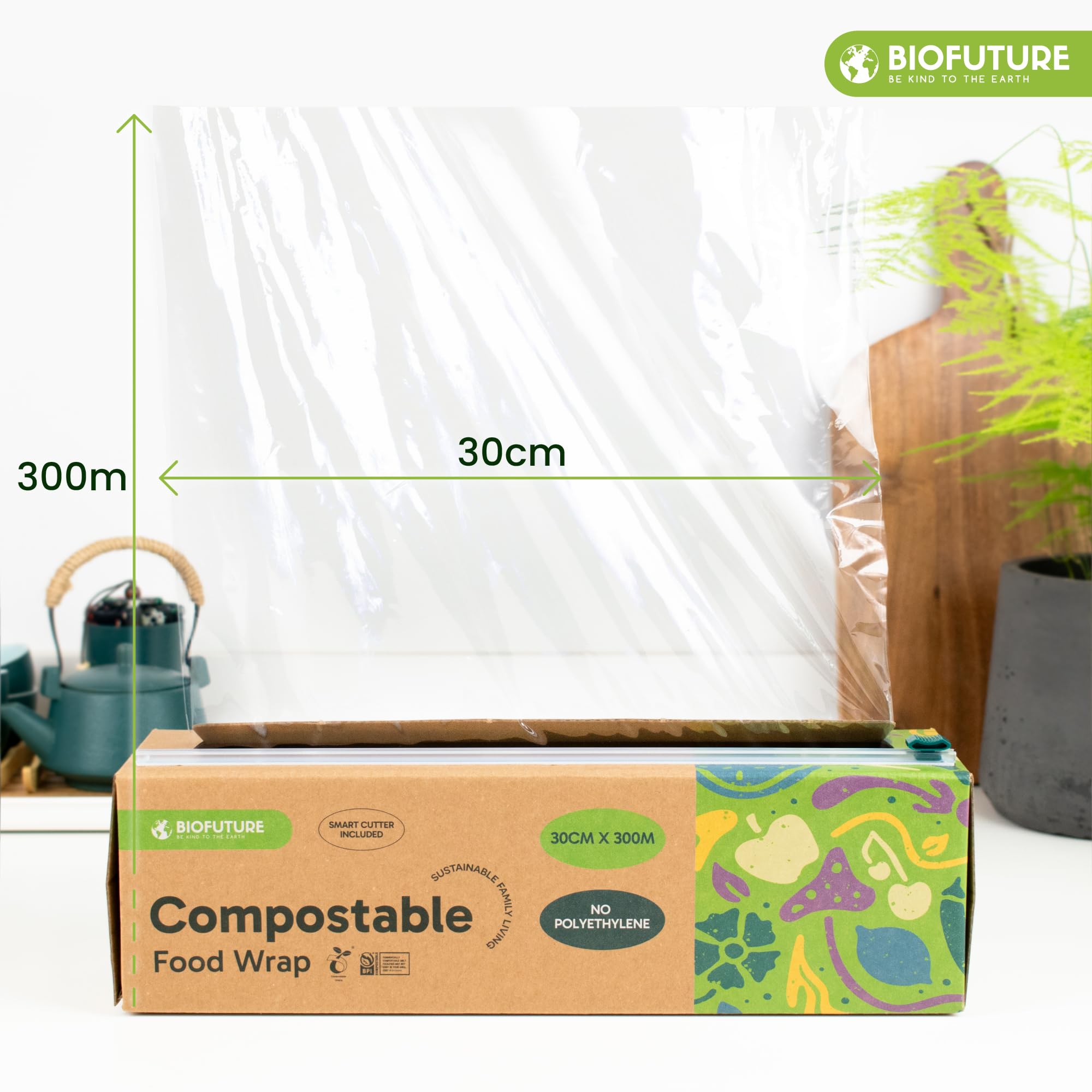 Pellicola trasparente biodegradabile con taglierina, 300 m x 30 cm, compostabile, senza BPA, adatta al congelatore, resistente agli strappi, ecologica, per uso domestico, cucina e uso commerciale