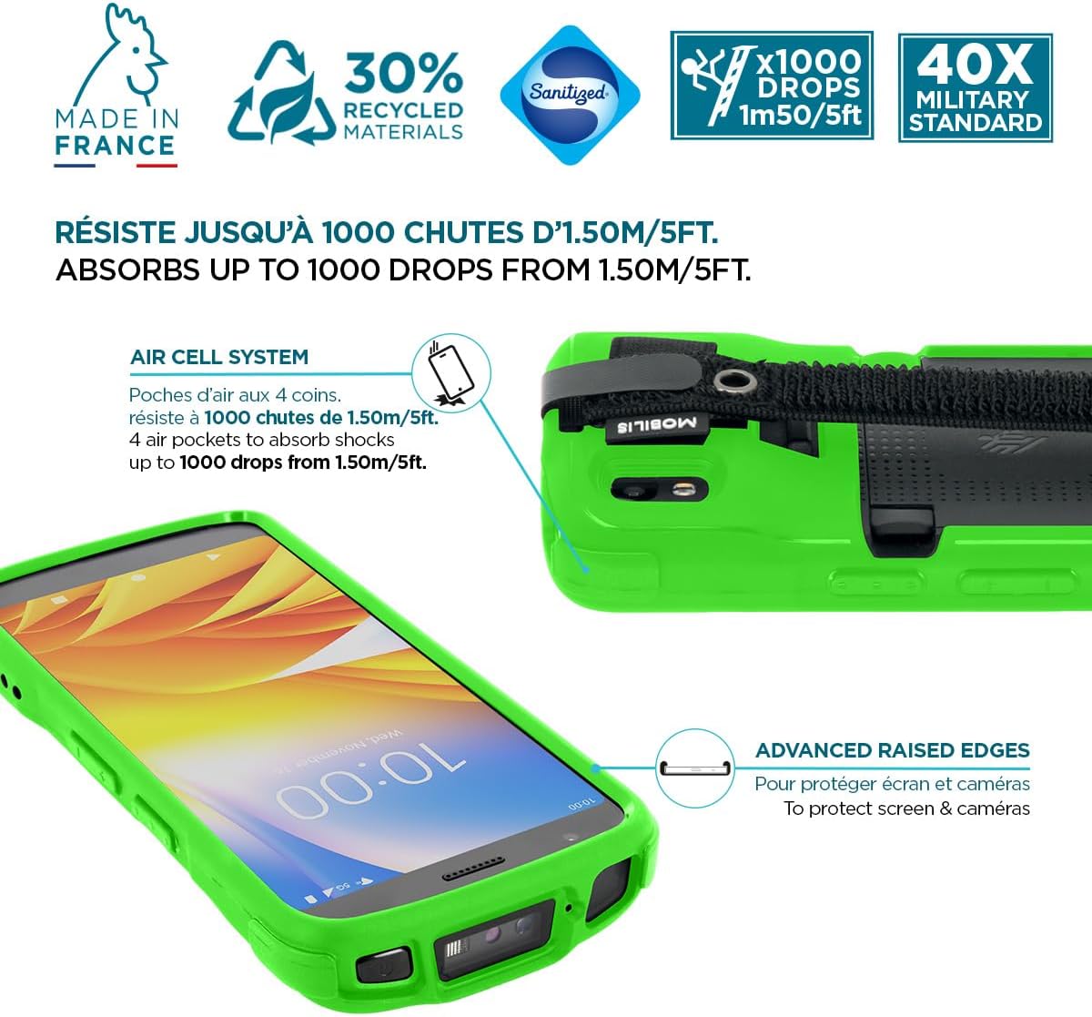 Mobilis Rugged Case for Zebra TC22 TC27 Mobile Computer with Handstrap, Reinforced Protective Cover, Military Grade Shockproof, Compatible with Charging Accessories, Recycled Materials (Neon Green)