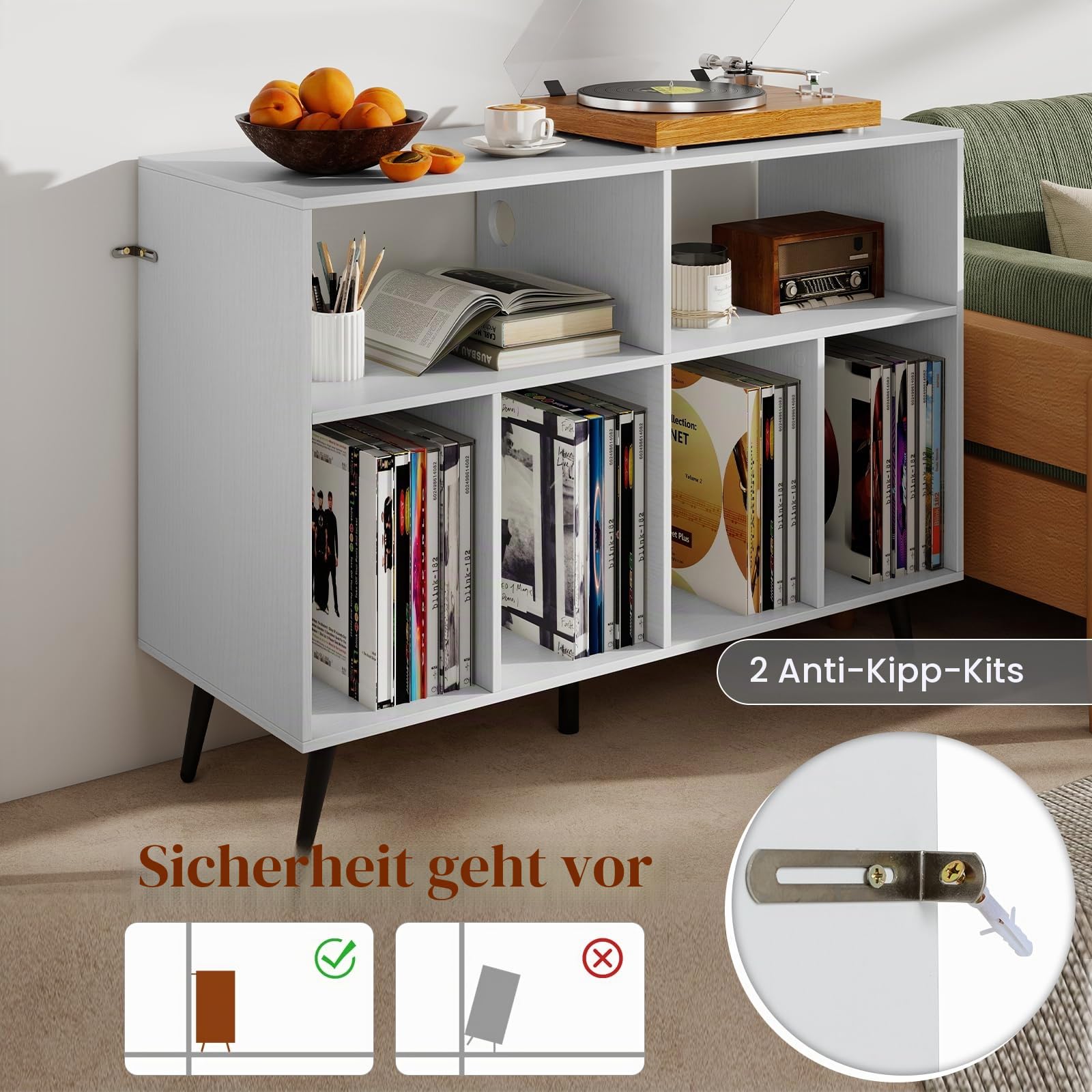 KOMFOTTEU Plattenspielerständer mit 3 Ebenen, Schallplattenständer mit 4 Fächern und 2 offenen Regalen, Präsentationsregal Plattenhalter mit 5 Metallfüßen (Weiß, mit Ladestation)