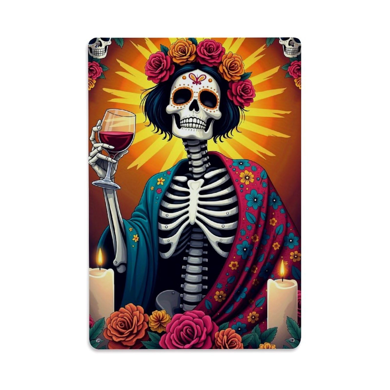 Jdyaojiesheng Vintage Floral Skeleton Day Of The Dead Art Tin Sign Retro Metal Wall Decor Metal Poster, Home Bar Garage Farmhouse Cafe Wall Art Decoration 8X12inches