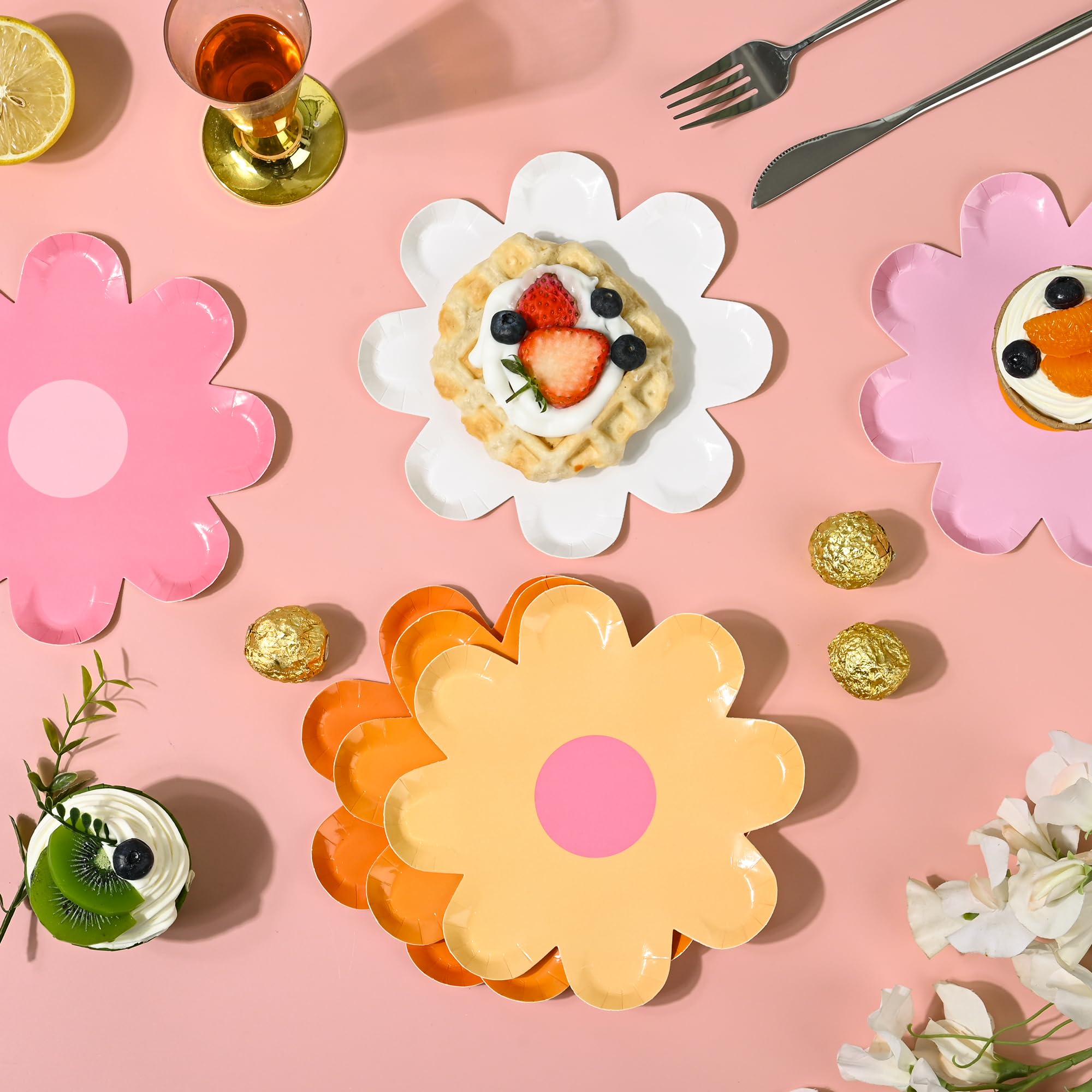 AimFun Platos de papel desechables de margaritas, platos de postre en forma de flor de 7 pulgadas, platos de postre bohemios hippie, retro, para cumpleaños, baby shower, boda, suministros de