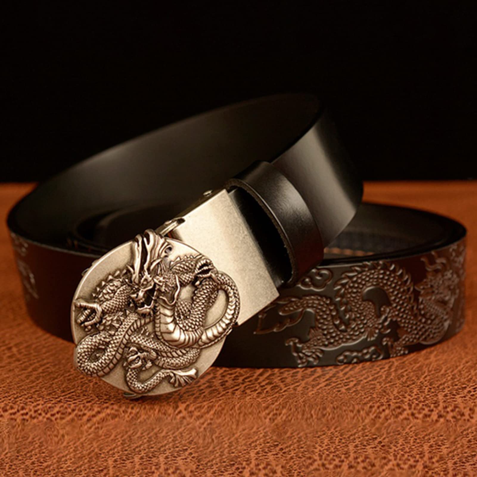 Cintura da Cowboy da Uomo, Cintura in Pelle Goffrata con Fibbia a Drago Scorrevole Automatico, Cintura Di Lunghezza 110-130 Cm, Cintura in Pelle Di Mucca con Fibbia Automatica/Dron~I/110Cm/Wa