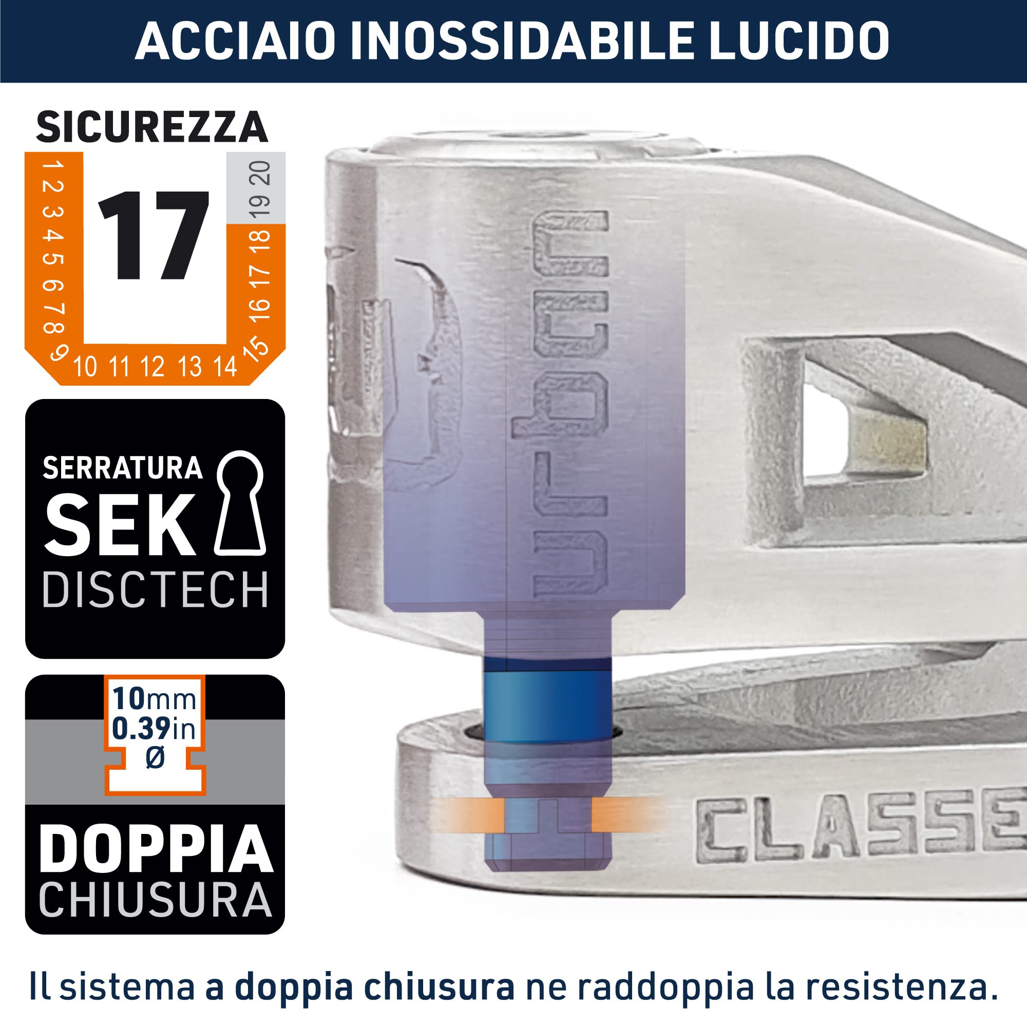 URBAN UR210S Blocca Disco per Moto, Omologato SRA, Antifurto Moto Serratura Alta Sicurezza, Esclusivo Design Acciaio Inossidabile Lucidato, Doppio Bloccaggio Ø10, Lucchetto Bloccadisco Scooter