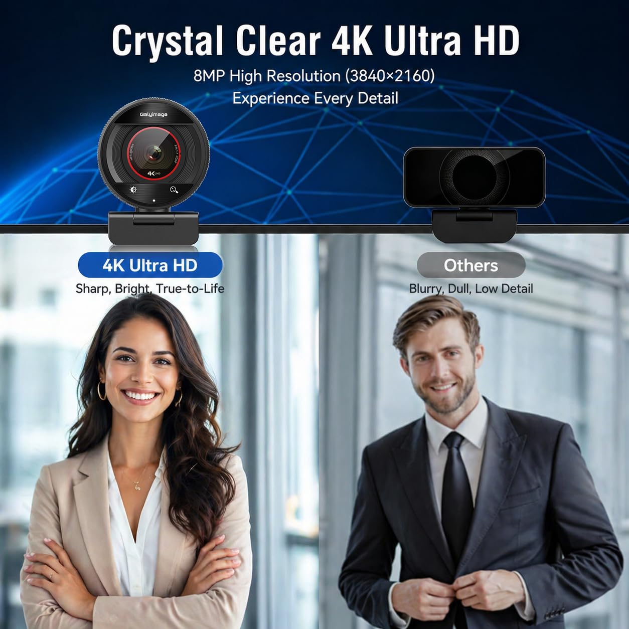 Webcam per PC 4K, messa a fuoco automatica PDAF, 1080p a 60fps, doppio microfono con cancellazione del rumore, zoom digitale 8X FOV 73°, copertura della privacy, telecamera Web plug&play per
