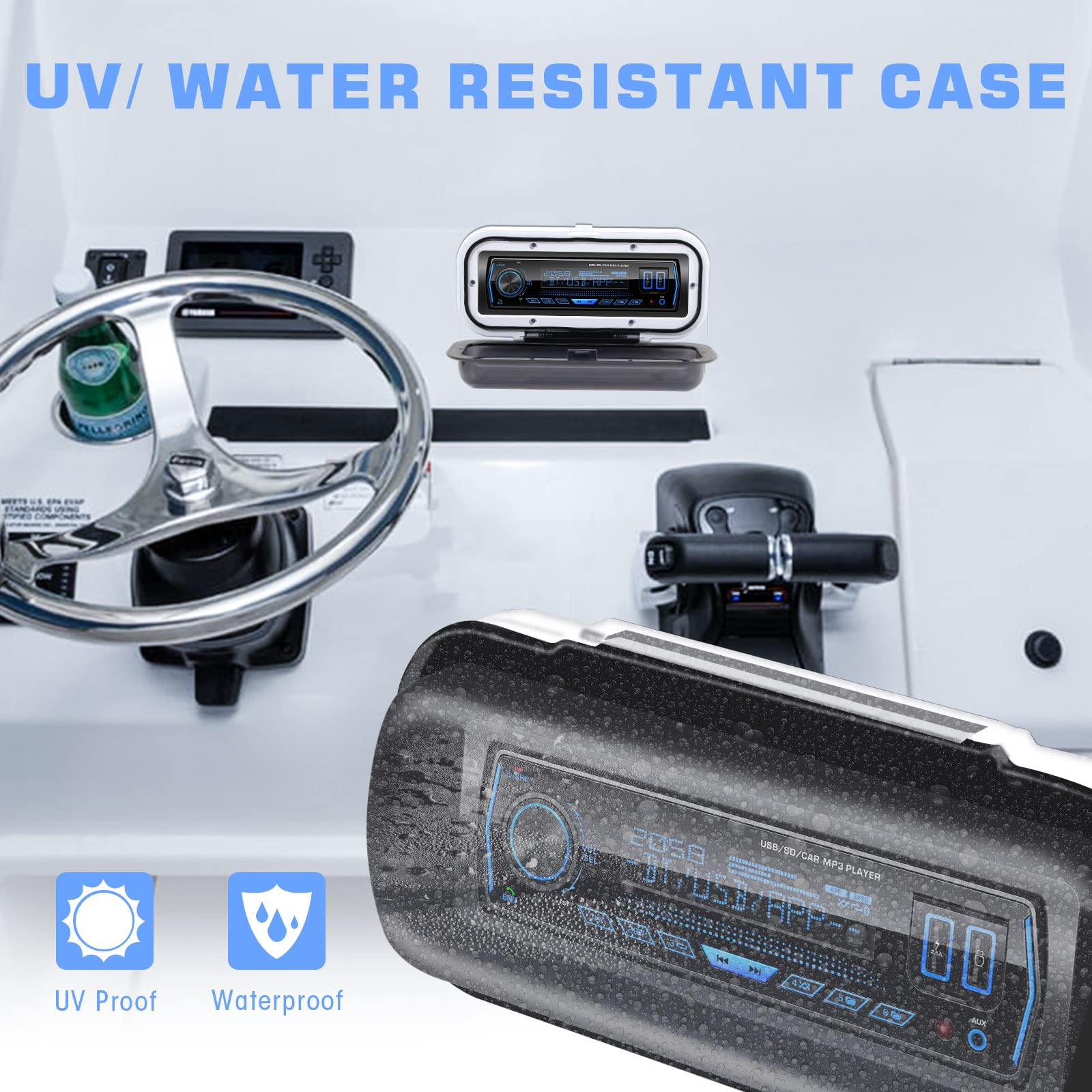 Waterproof Marine Stereo Receiver Cover - Boat Radio Protector Shield - Universal in Dash Single DIN DVD CD Radio Splash Guard Housing Case with Flip-up Door Spring Loaded Mounting Gasket