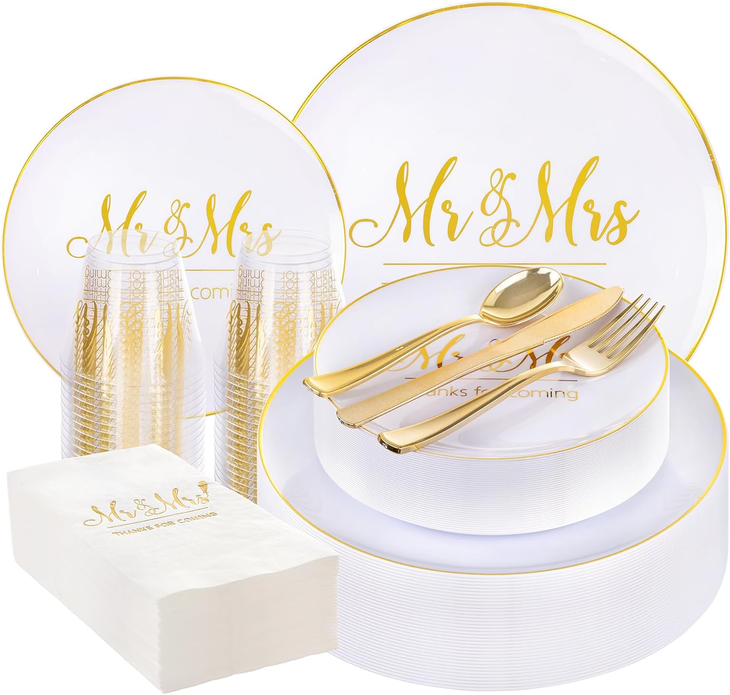 I00000 Mr and Mrs Wedding Plastic Plates and Napkins Set,Bridal Shower Plates Set for 25 Guests Include 25 Dinner Platos,25 Dessert Platos,25 Cups,25 Napkins,25 Gold Cutlery for Engagement Party Decor