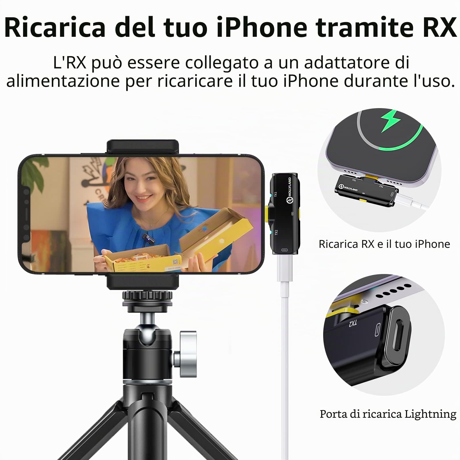 Hollyland Lark C1 Microfono Lavalier Wireless per iPhone con Lightning Certificato MFi 200M 8H Cancellazione del Rumore Plug-Play 2.4GHz Micro Lavalier Senza Fili per YouTube Vlog Video, 1TX+1RX