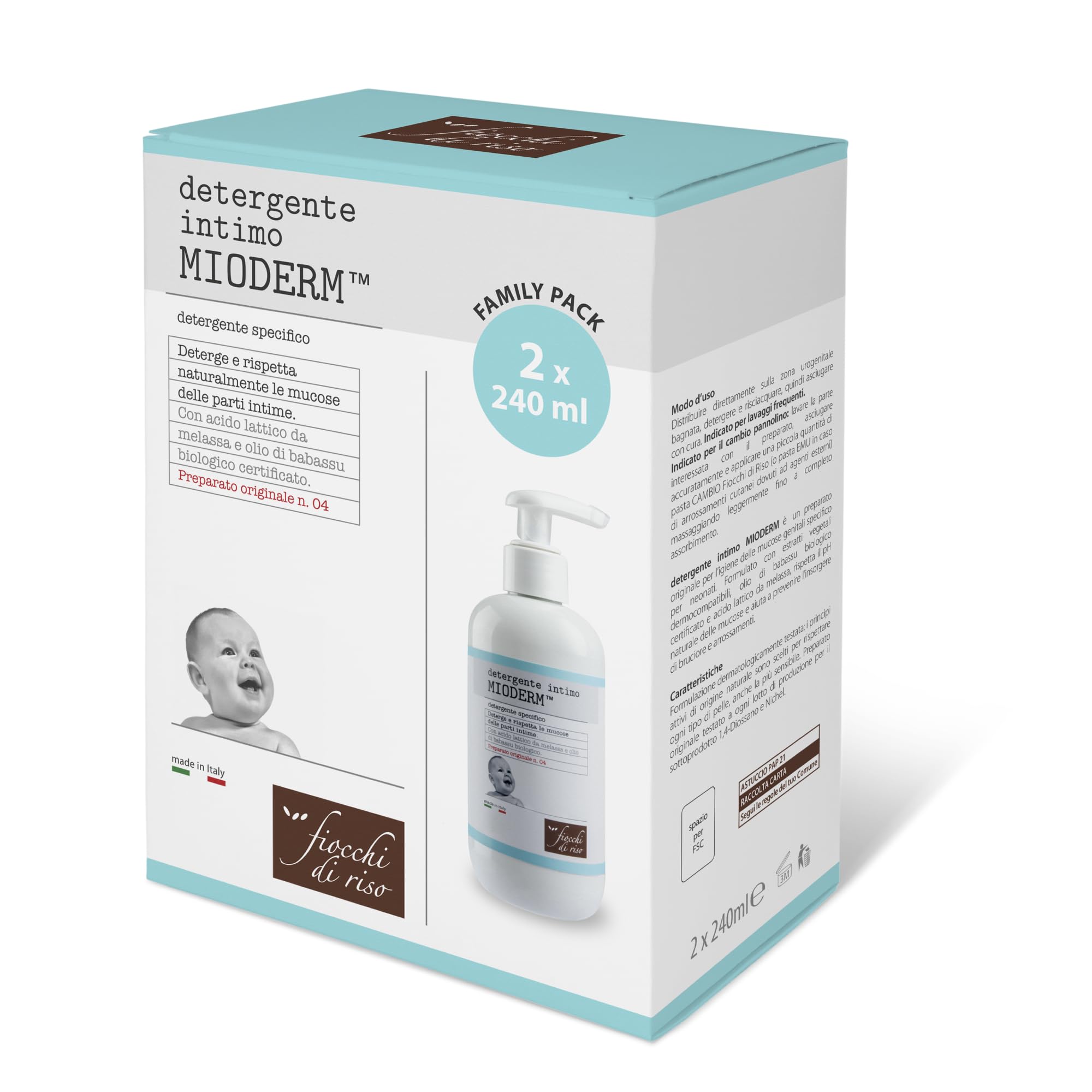 Fiocchi di Riso - Bipacco Detergente Intimo MIODERM - 240ml X 2 - CAMBIO PANNOLINO - Deterge e rispetta le mucose delle parti intime prevenendo arrossamenti.