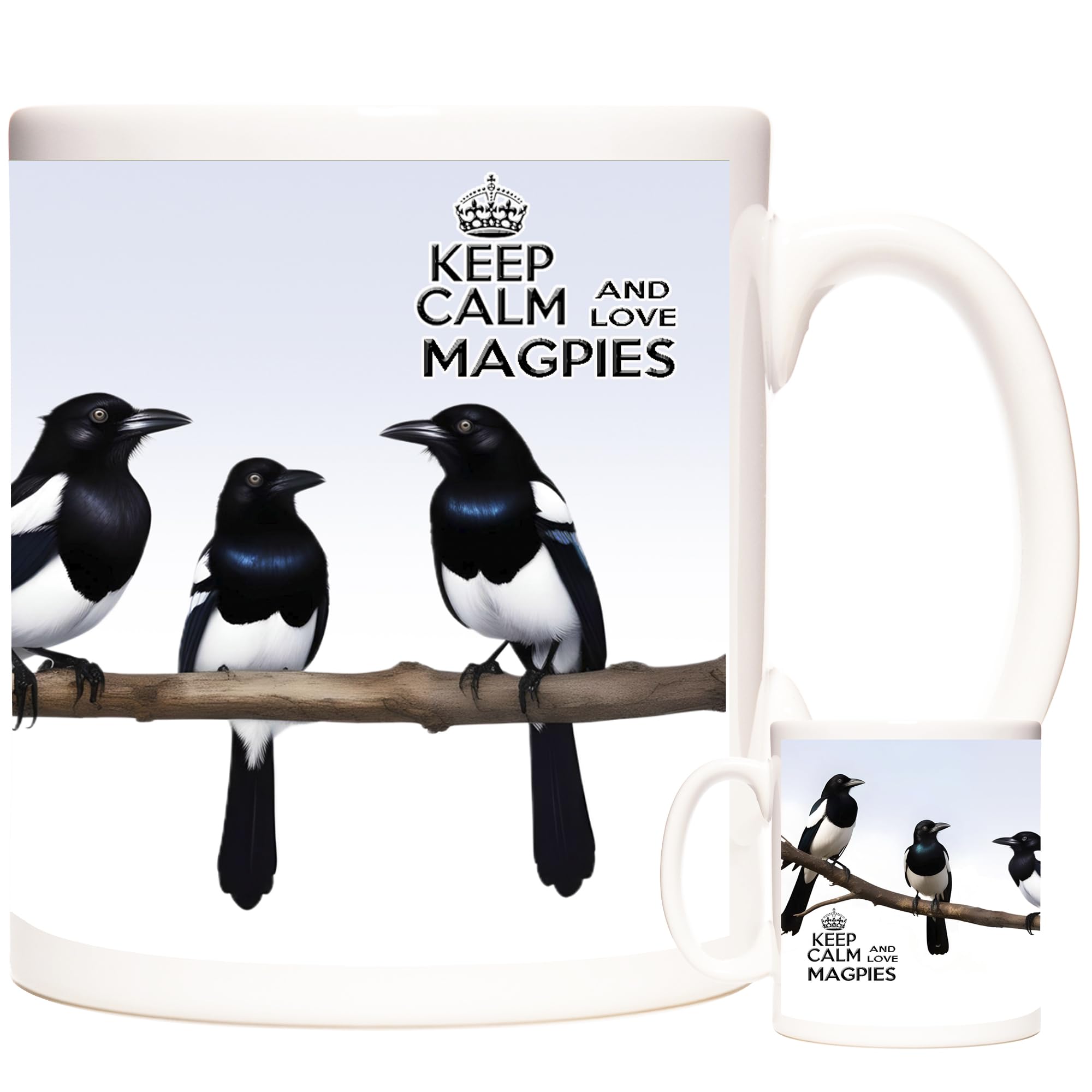KAZMUGZ Magpie Mug.Keep Calm Love Magpies on an 11oz Ceramic Coffee Mug. British Garden Bird Coffee Mug. Mug for Coffee, Tea, hot Chocolate