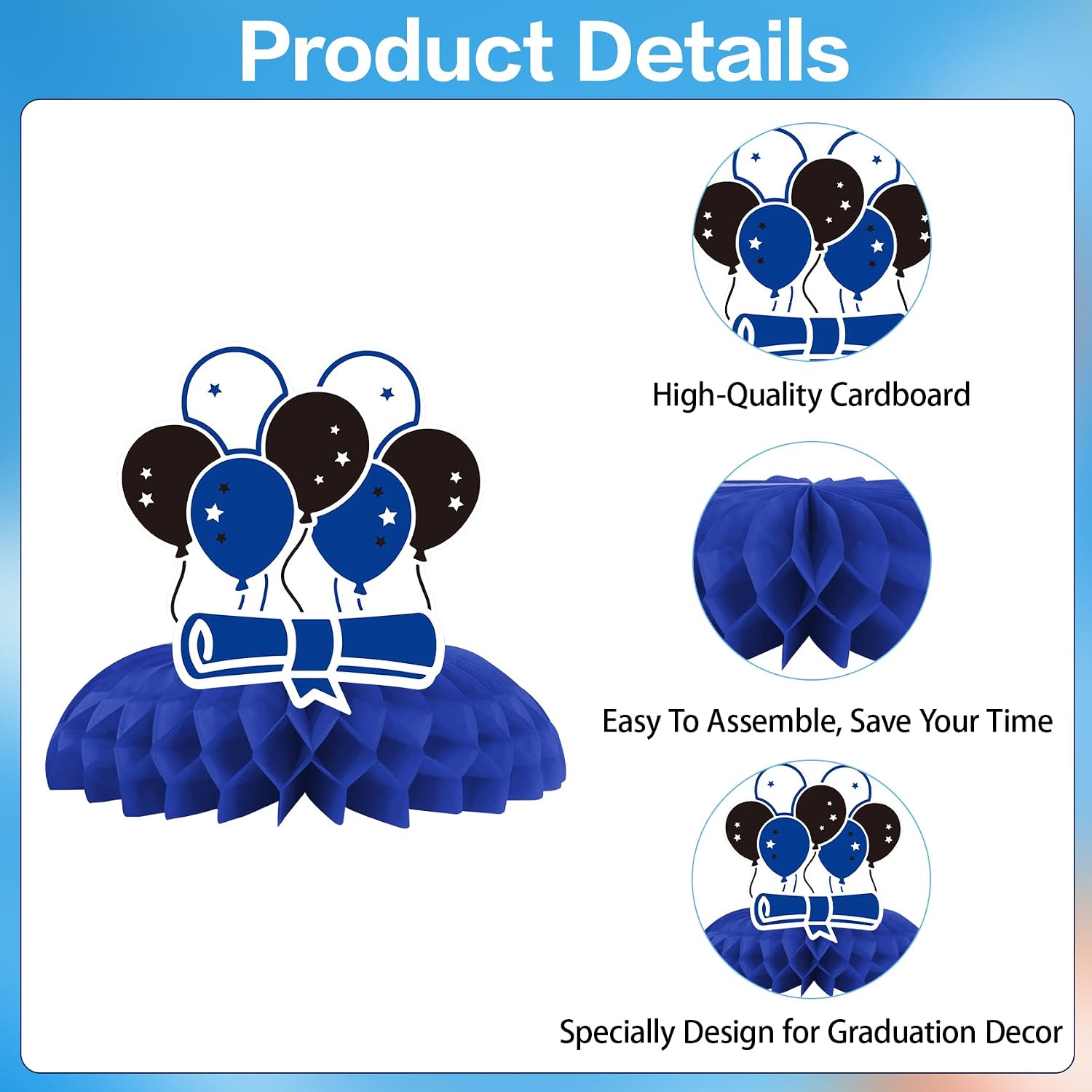 Graduation Decorations 2026, 10PCS Blue and White Graduation Honeycomb Centerpieces for Table Decor, Congrats Grad Honeycomb Table Centerpieces Decorations for Class of 2026 Party Favor Supplies