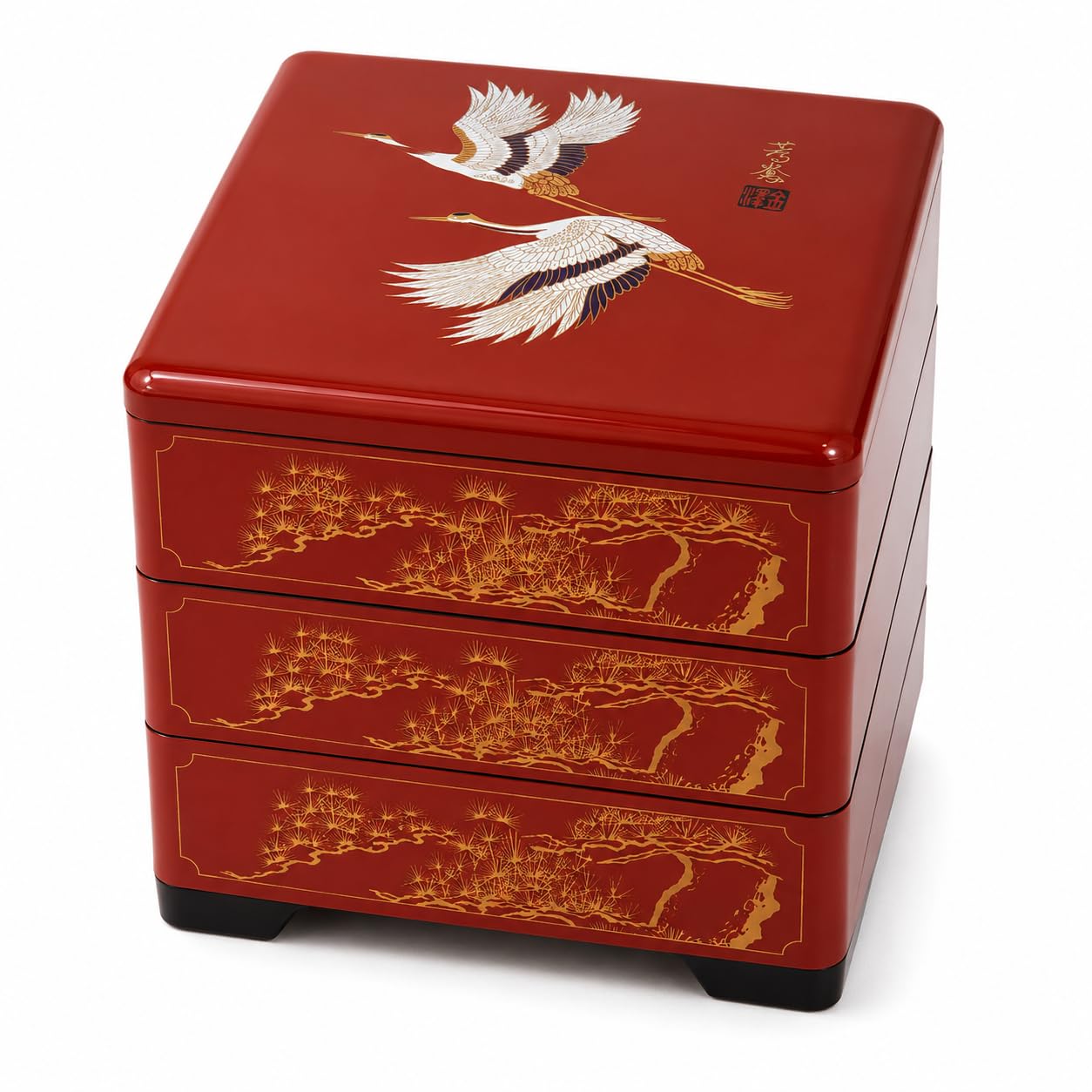 JapanBargain 4118, Jubako Box Japanese Traditional 3 Tiers Stack Box Food Candy Snack Container Bento Box Made in Japan, Plastic Lacquered, Red Crane, 1-Pack