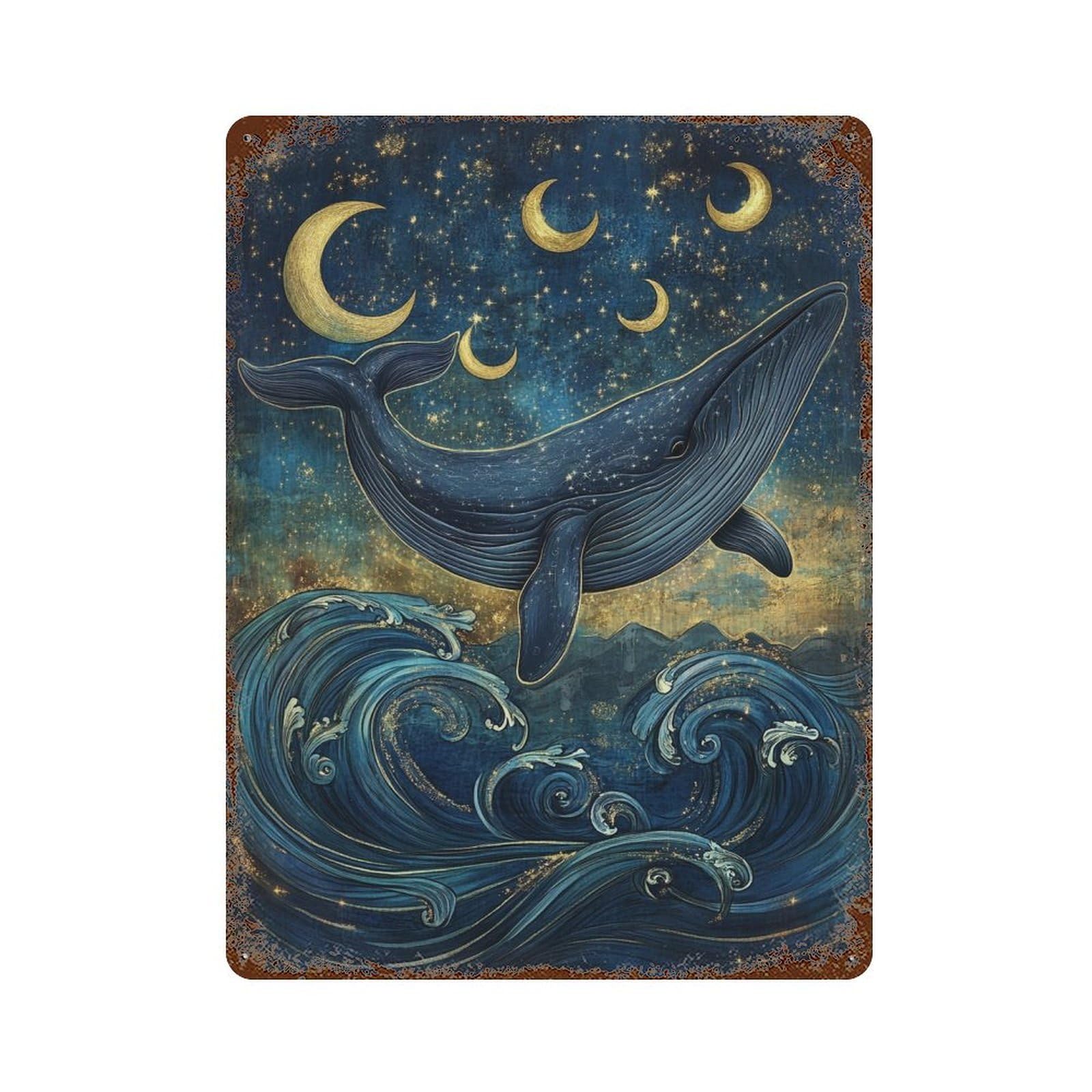Distressed Metal Wall Sign Whale Dreams in Moonlight-1 15.7"x11.8", Old School Wall Decor for Bistro, Counter And Cafe Decor