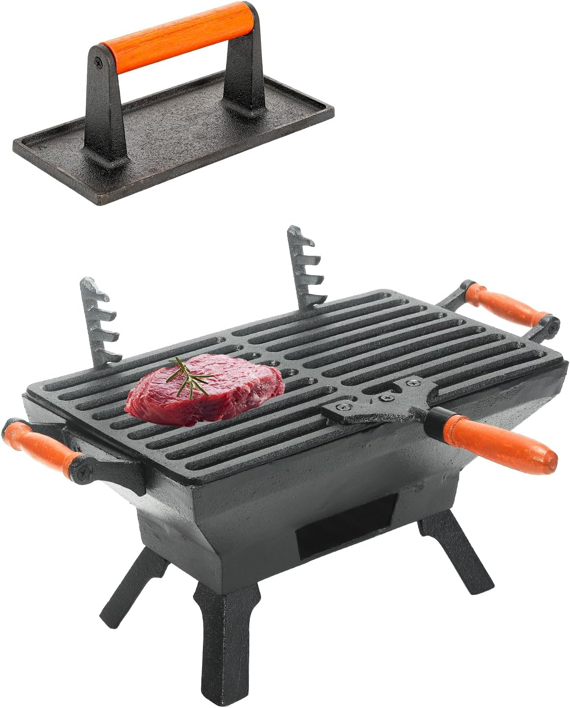 Sungmor Small Cast Iron Charcoal Grill Stove, Heavy Duty Tabletop BBQ Grill and Burger Press Bacon Smasher, Balcony Yard Outdoor Hibachi Grills