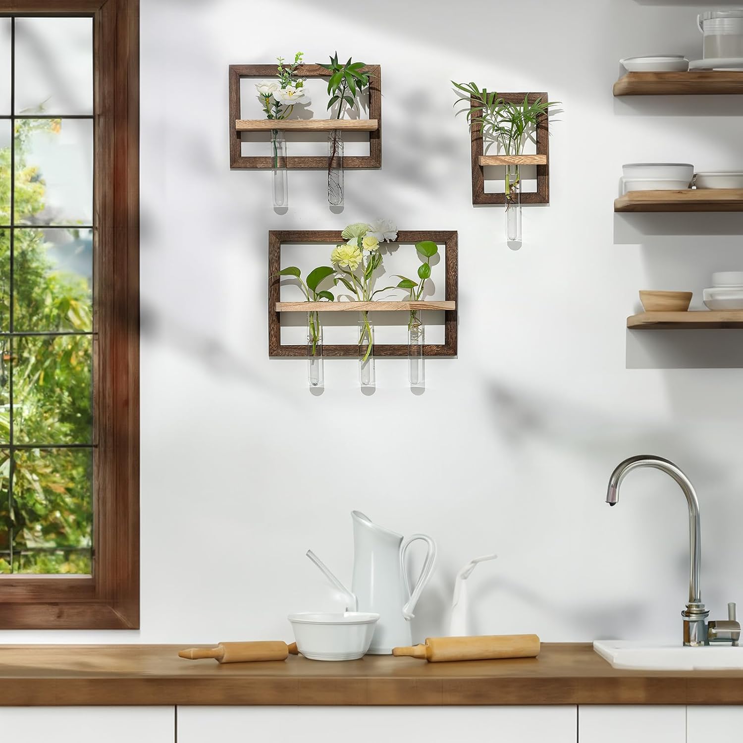 Wall Planter Propagation Stations - Hanging Glass Terrarium Tube Vase with Wood Shelf for Indoor Plants Cutting - Rustic Wall Decor for Farmhouse
