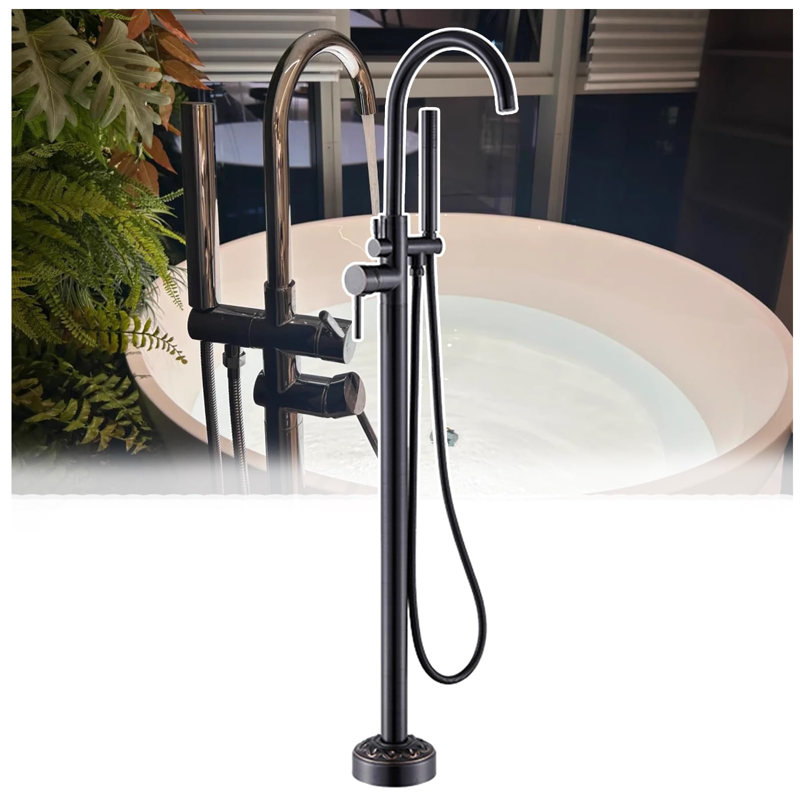 Black Freestanding Tub Faucet, Floor Mount Bathtub Faucet, Standing High Flow Shower Faucets Shower Mixer Taps With Hand Shower And Swivel Spout, Two Water Modes, 360° Swivel Spout