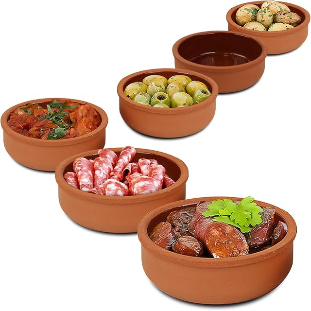 TRTO Terracotta Tapas Dishes Glazed Spanish Serving Olive Starter 12cm Bowls with Attractive Look (3pcs)