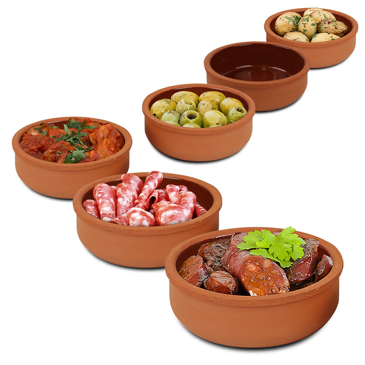 TRTO Terracotta Tapas Dishes Glazed Spanish Serving Olive Starter 12cm Bowls with Attractive Look (3pcs)